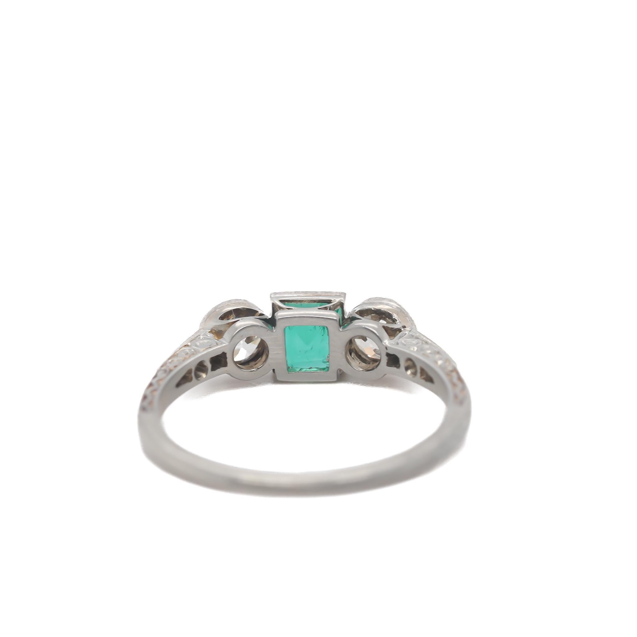 Square Cut Circa 1920s Old European Brilliant Diamond and Emerald Engagement Ring