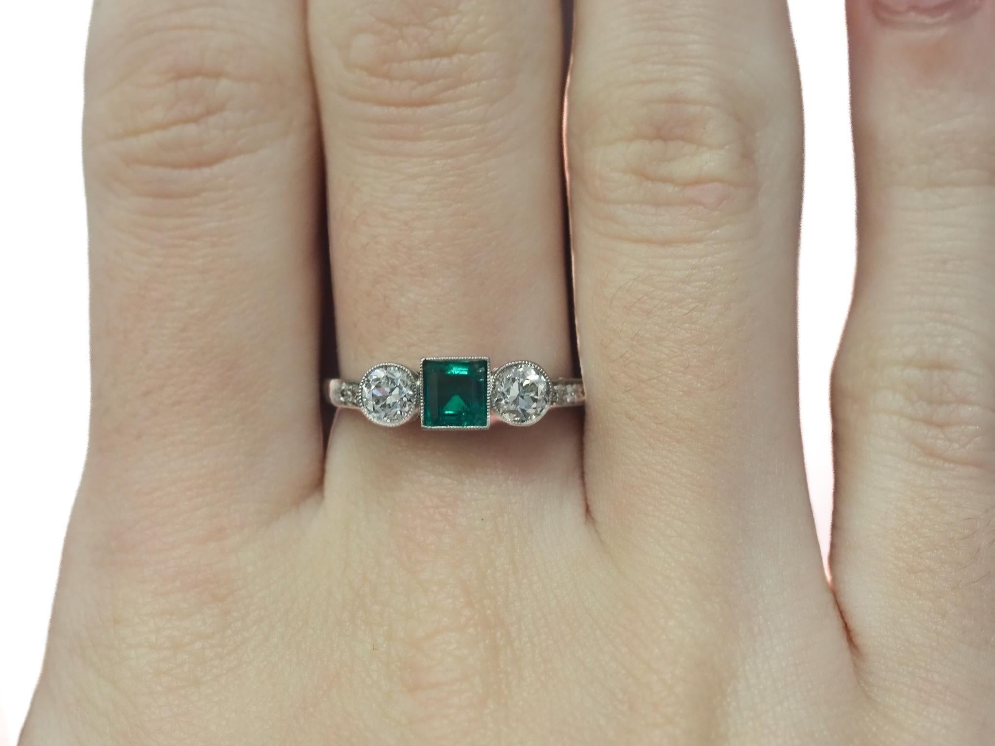 Circa 1920s Old European Brilliant Diamond and Emerald Engagement Ring In Good Condition In Hicksville, NY
