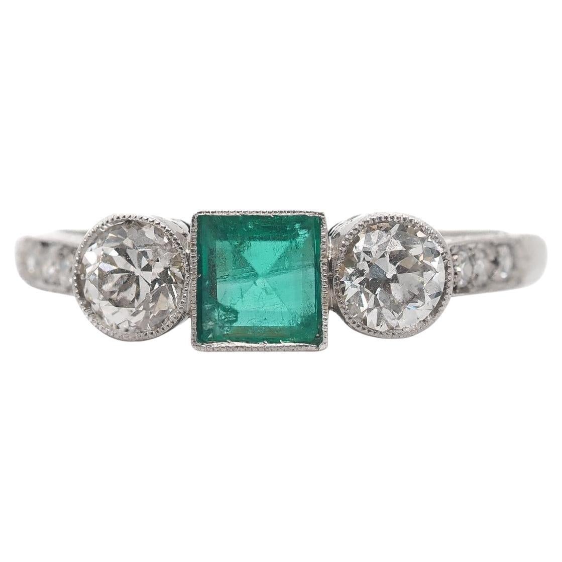 Circa 1920s Old European Brilliant Diamond and Emerald Engagement Ring