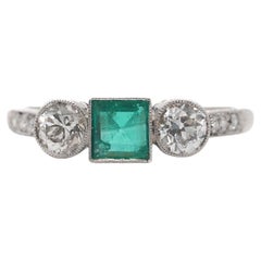 Circa 1920s Old European Brilliant Diamond and Emerald Engagement Ring