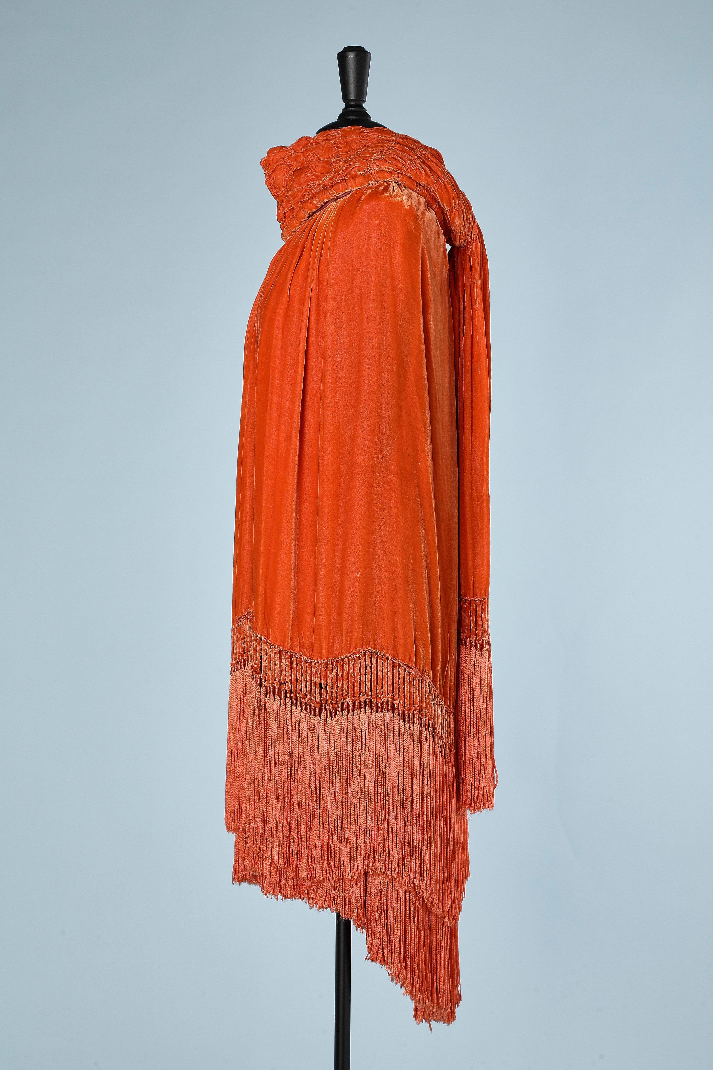 Red Circa 1920's Opera cape in orange silk velvet and silk &velvet fringes  For Sale