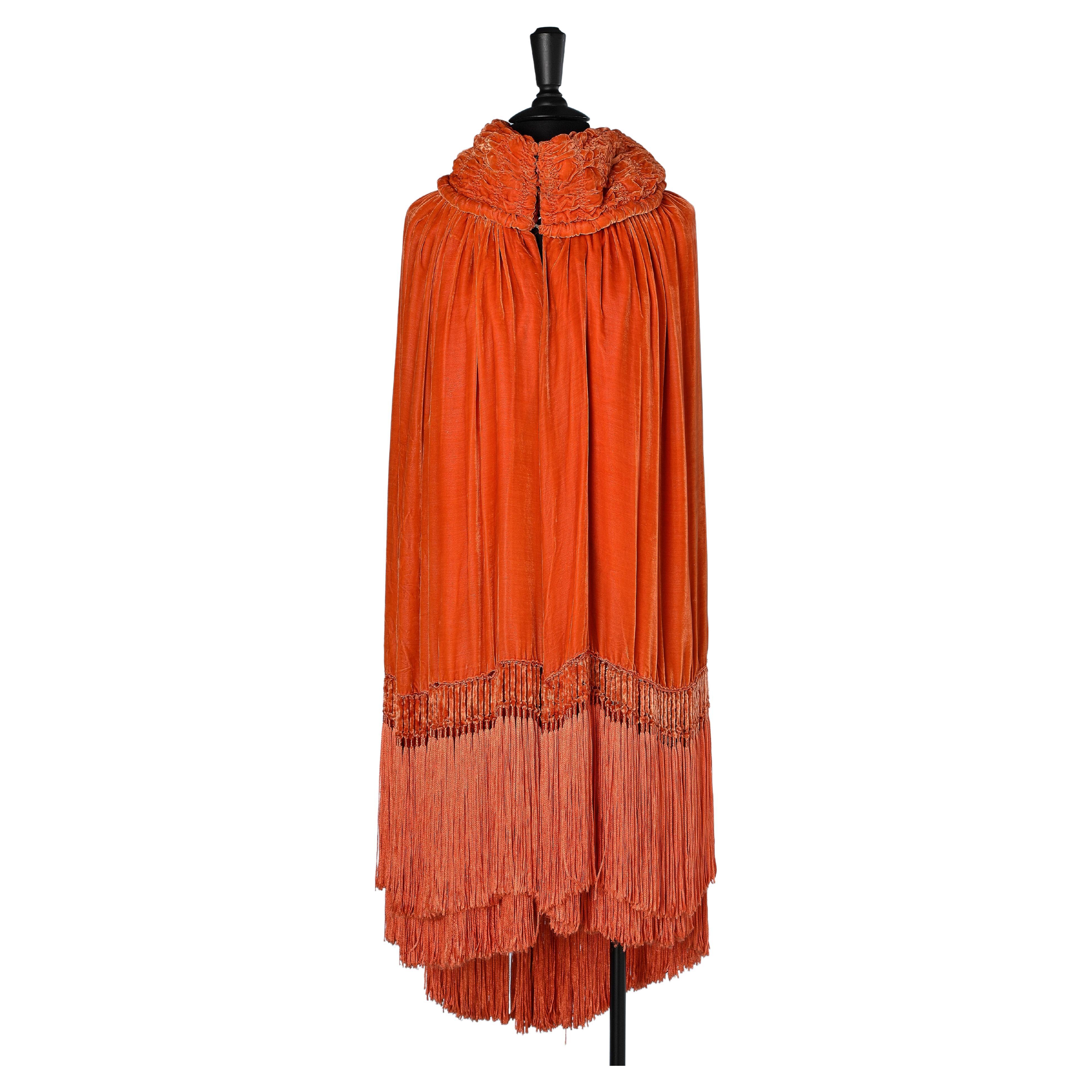 Circa 1920's Opera cape in orange silk velvet and silk &velvet fringes For  Sale at 1stDibs