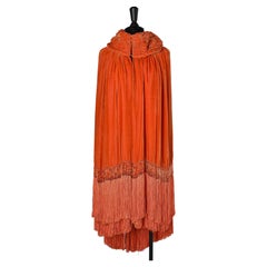 Circa 1920's Opera cape in orange silk velvet and silk &velvet fringes 