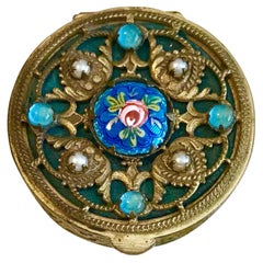 Antique Circa 1920s Ornate French Jeweled and Enameled Powder Compact