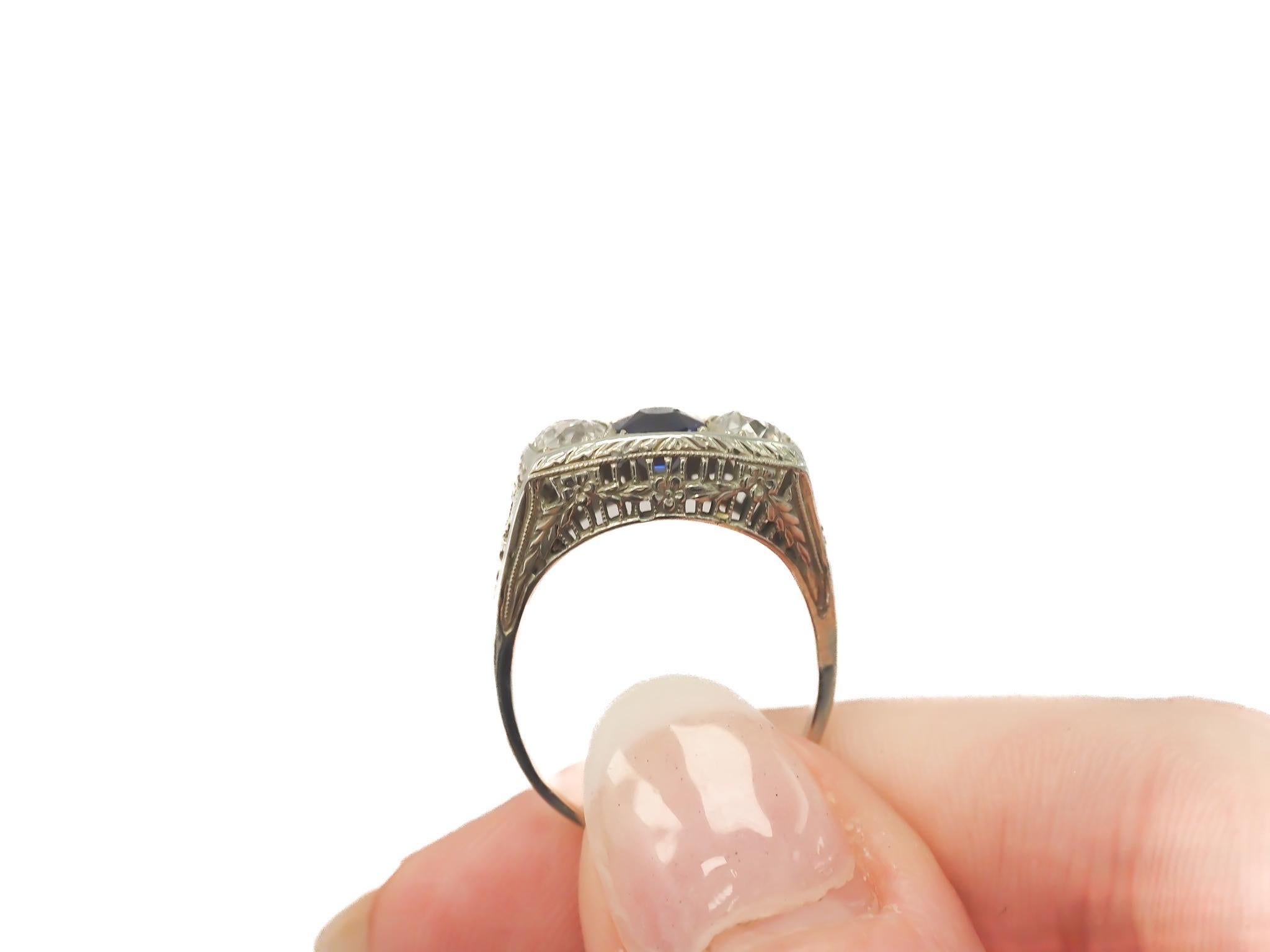 Women's Circa 1920s Ornate GIA Unheated Sapphire and Old European Diamond Engagement Rin For Sale