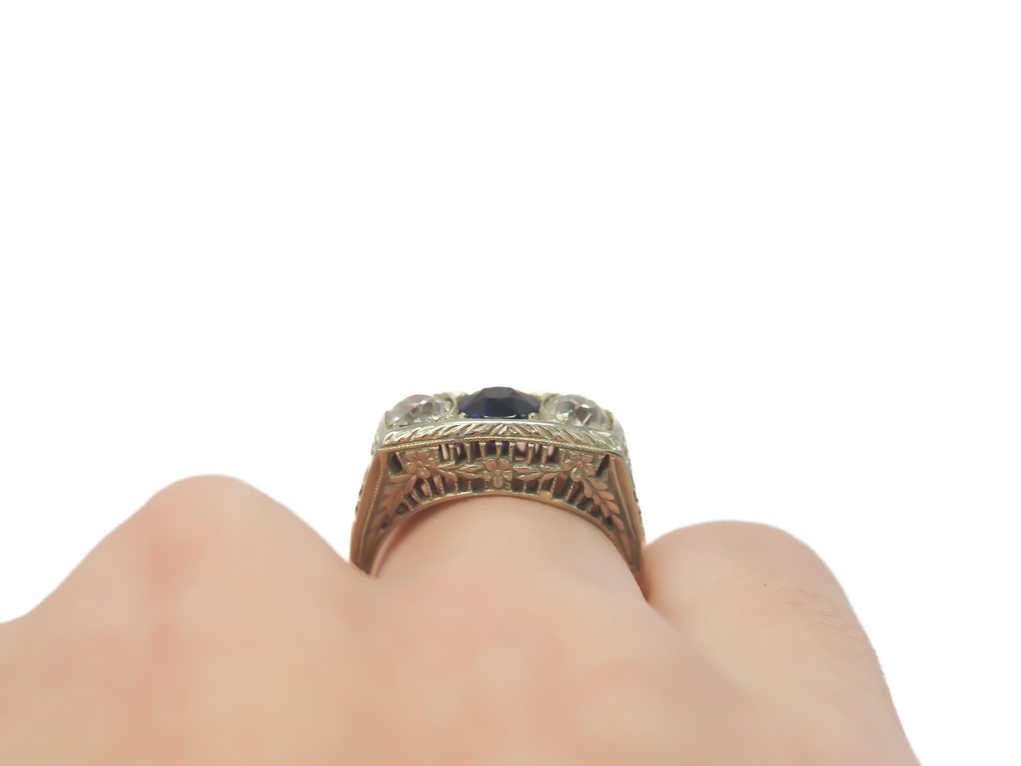 Circa 1920s Ornate GIA Unheated Sapphire and Old European Diamond Engagement Rin For Sale 1