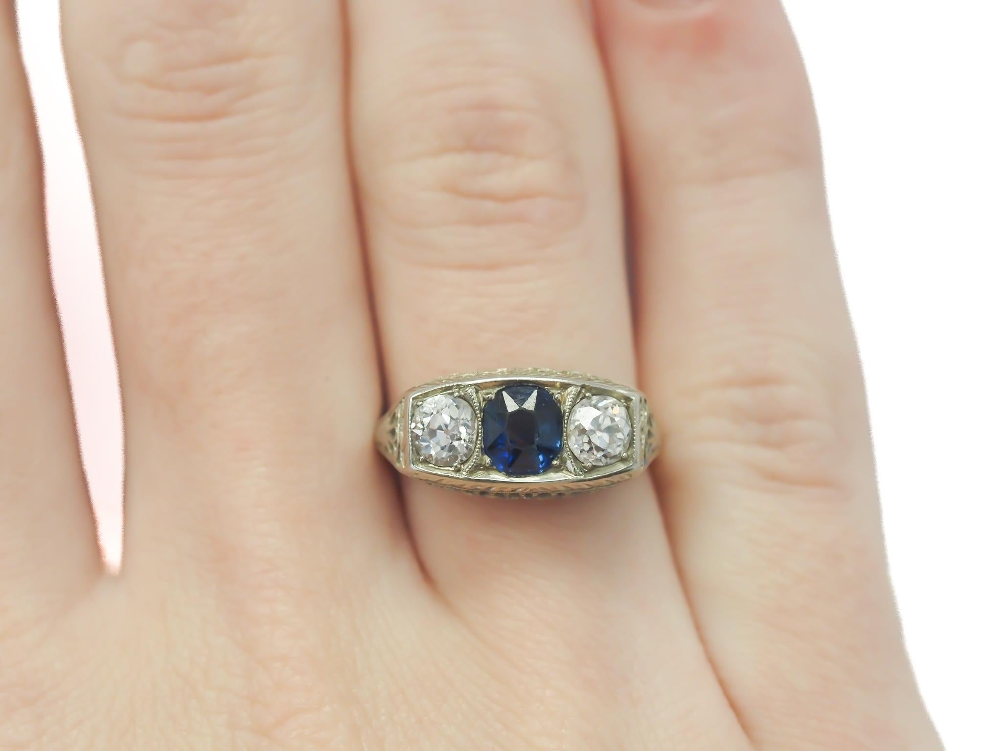 Circa 1920s Ornate GIA Unheated Sapphire and Old European Diamond Engagement Rin For Sale 3