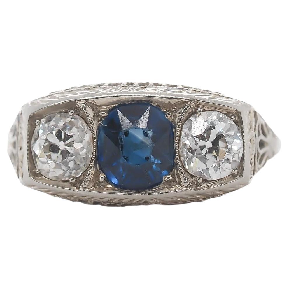 Circa 1920s Ornate GIA Unheated Sapphire and Old European Diamond Engagement Rin For Sale