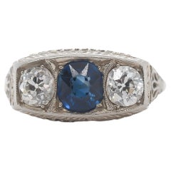Circa 1920s Ornate GIA Unheated Sapphire and Old European Diamond Engagement Rin