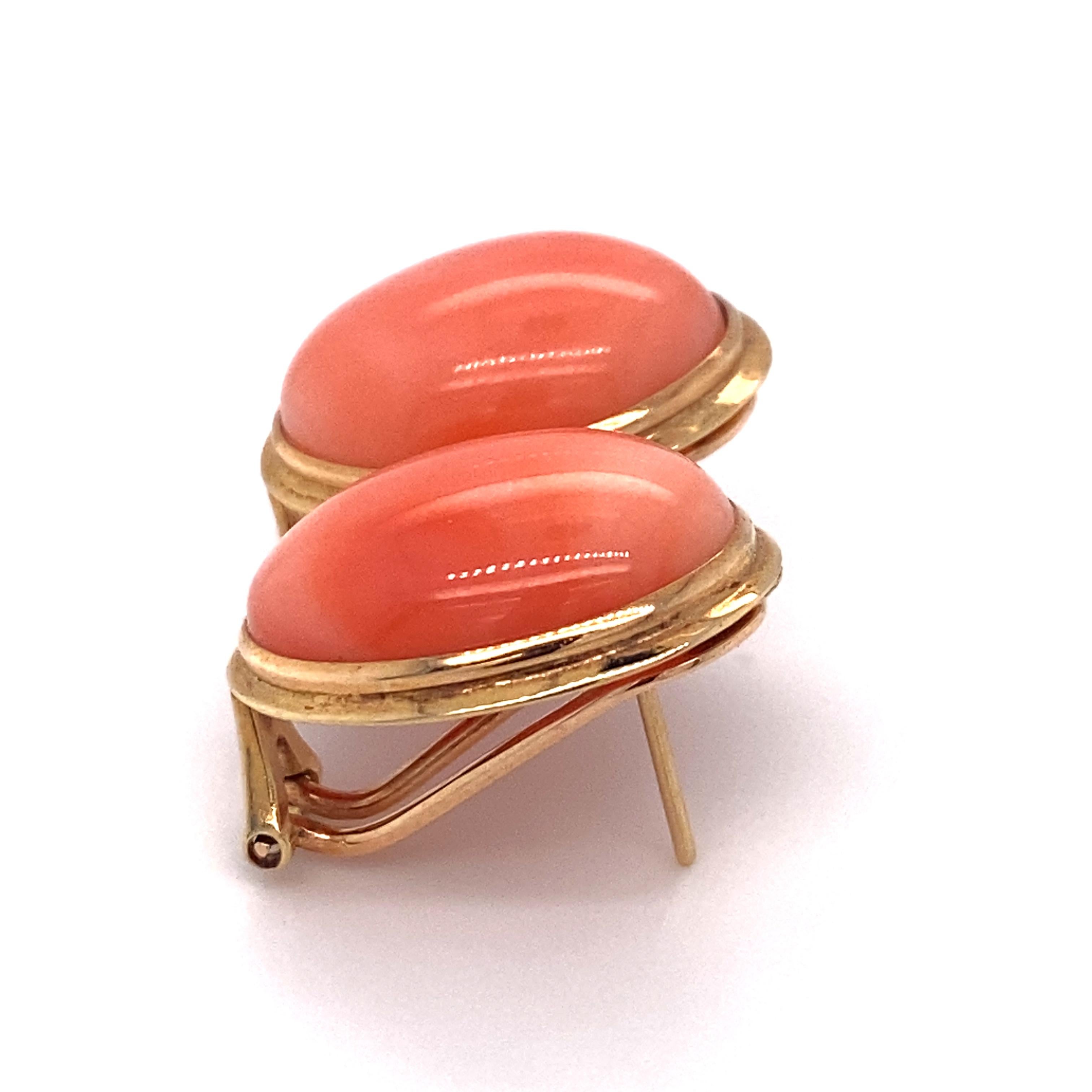 Art Deco Circa 1920s Oval Orange Coral Button Earrings in 14 Karat Gold For Sale