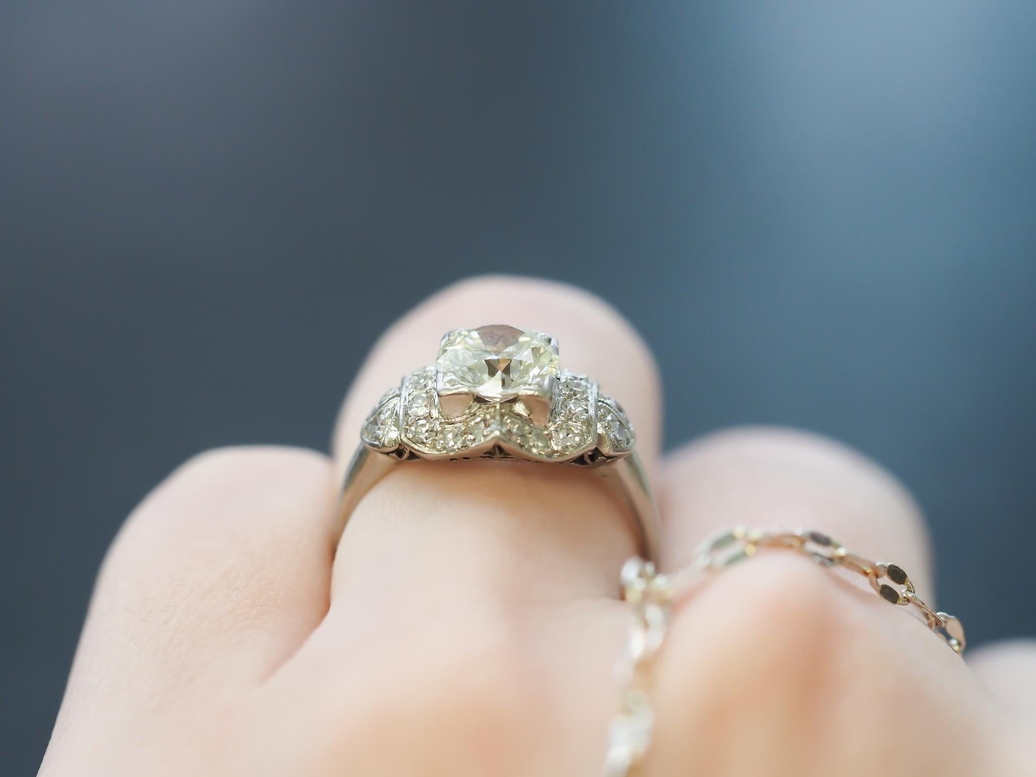 Circa 1920s Platinum 1.25ct Old European Diamond Engagement Ring For Sale 7