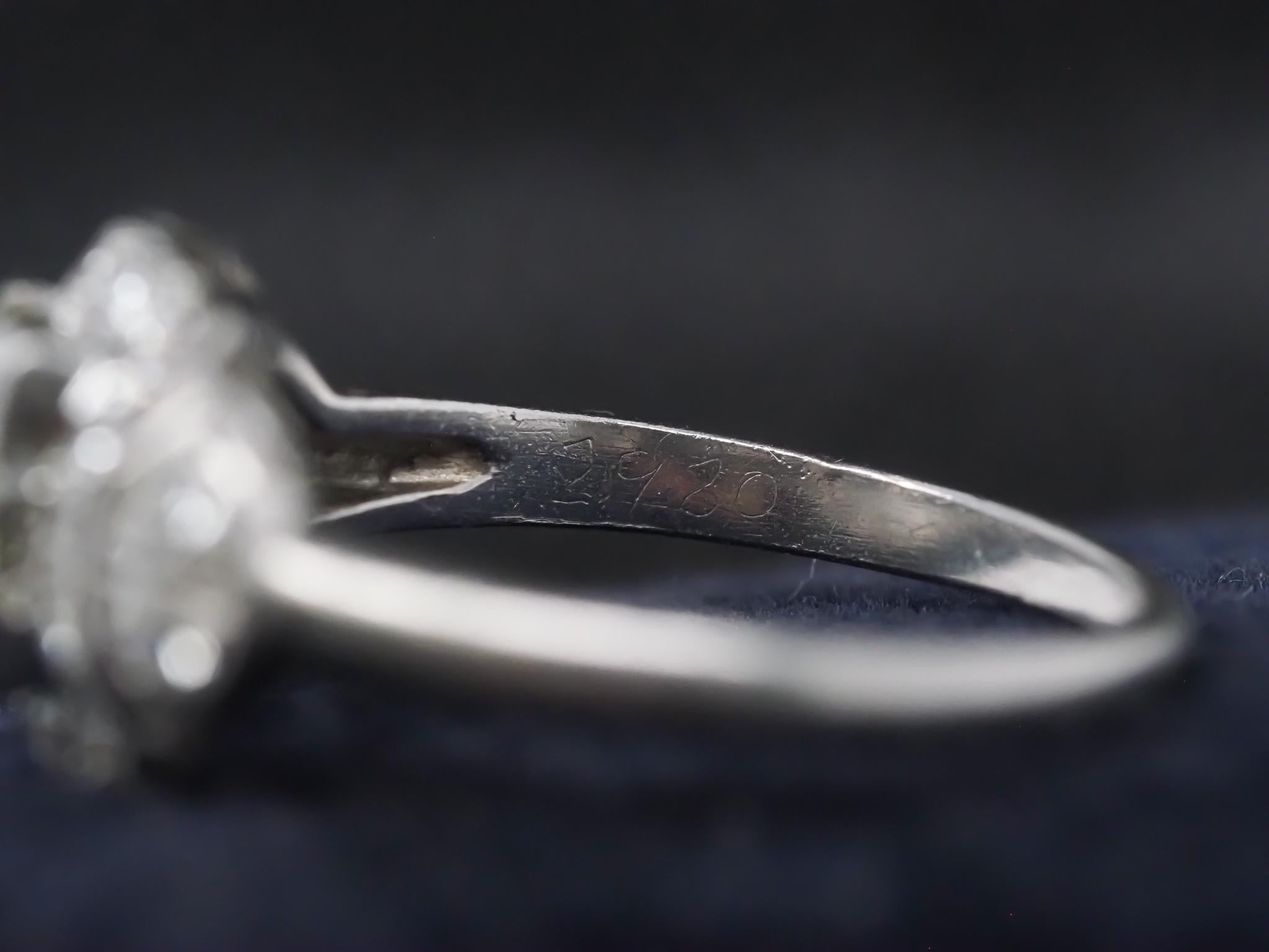Circa 1920s Platinum 1.25ct Old European Diamond Engagement Ring For Sale 3