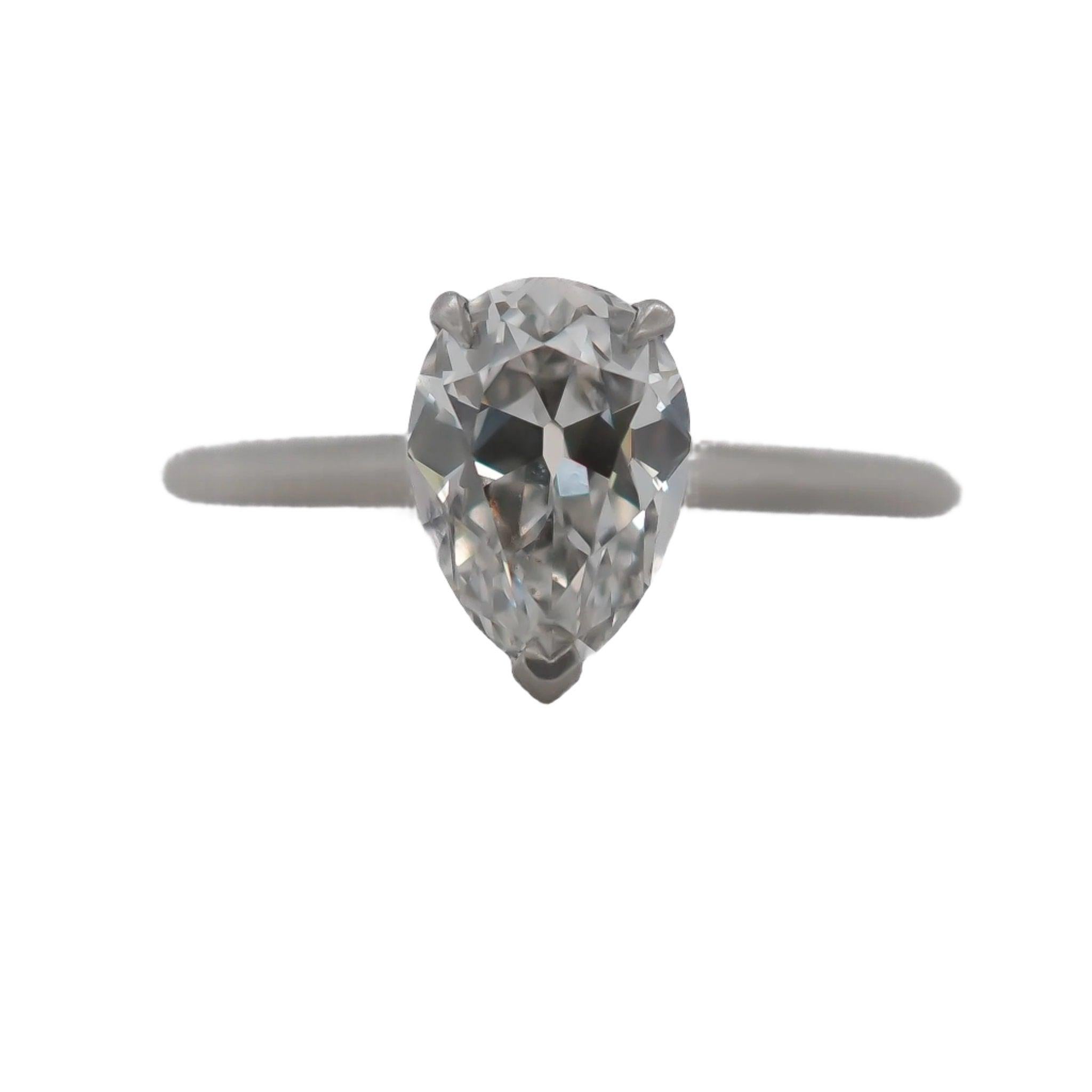 Art Deco Circa 1920s Platinum 1.73ct Antique Pear Diamond Engagement Ring For Sale