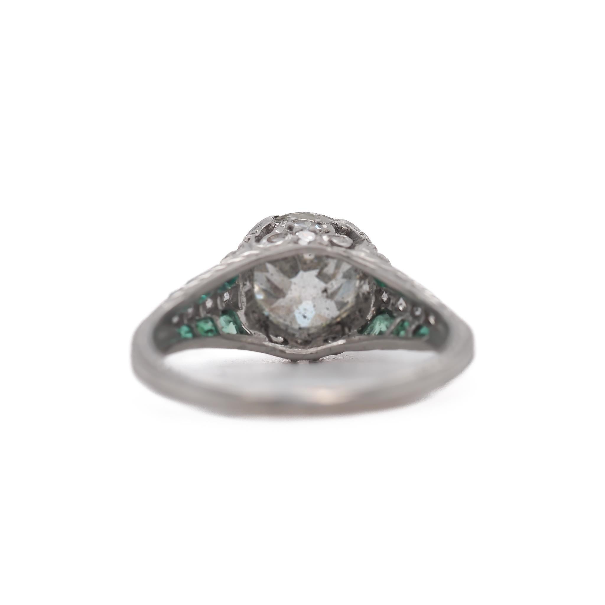 Old European Cut Circa 1920s Platinum 2.03ct Old European Cushion Diamond and Emerald Engagement For Sale