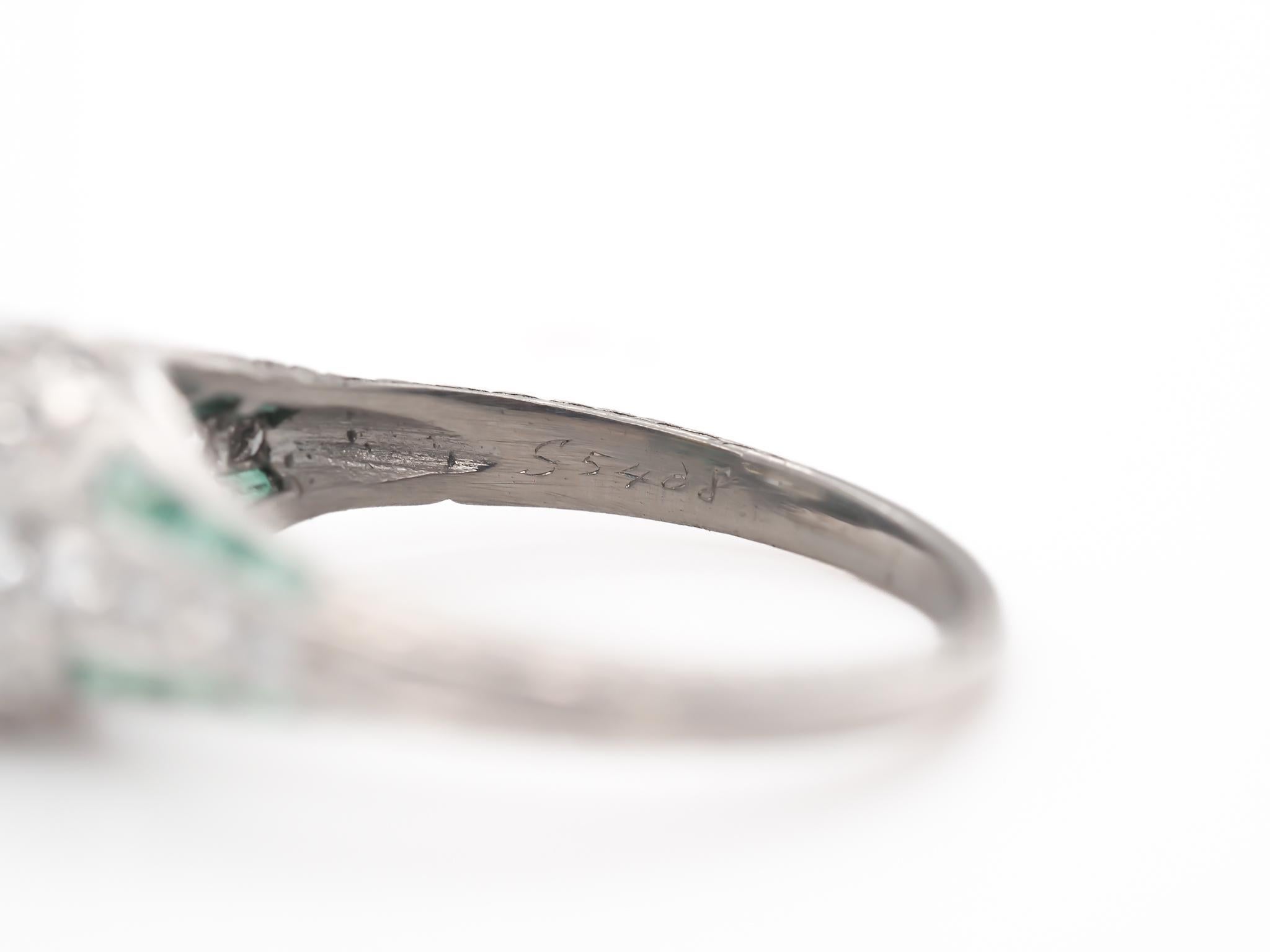Circa 1920s Platinum 2.03ct Old European Cushion Diamond and Emerald Engagement In Good Condition For Sale In Hicksville, NY