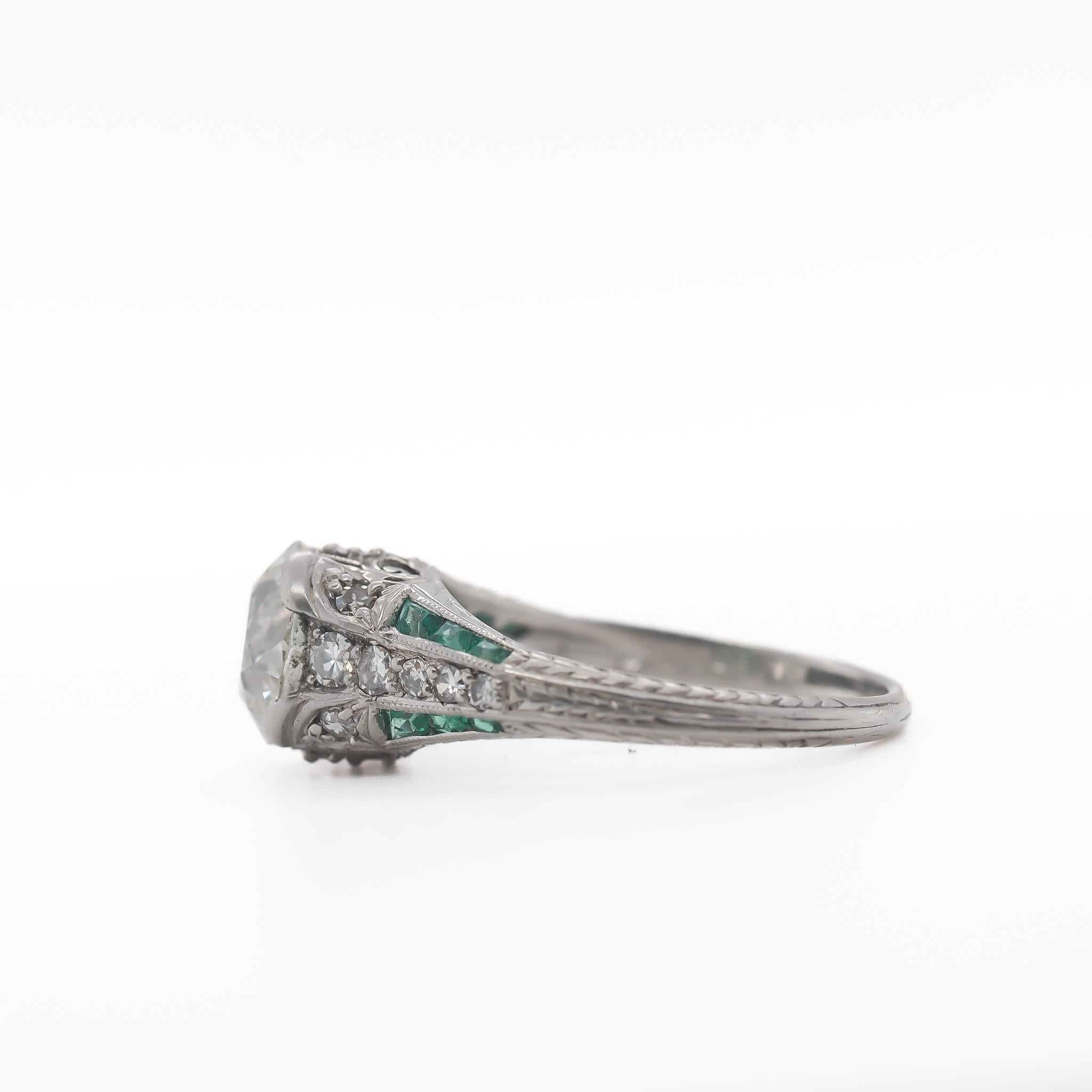 Women's Circa 1920s Platinum 2.03ct Old European Cushion Diamond and Emerald Engagement For Sale