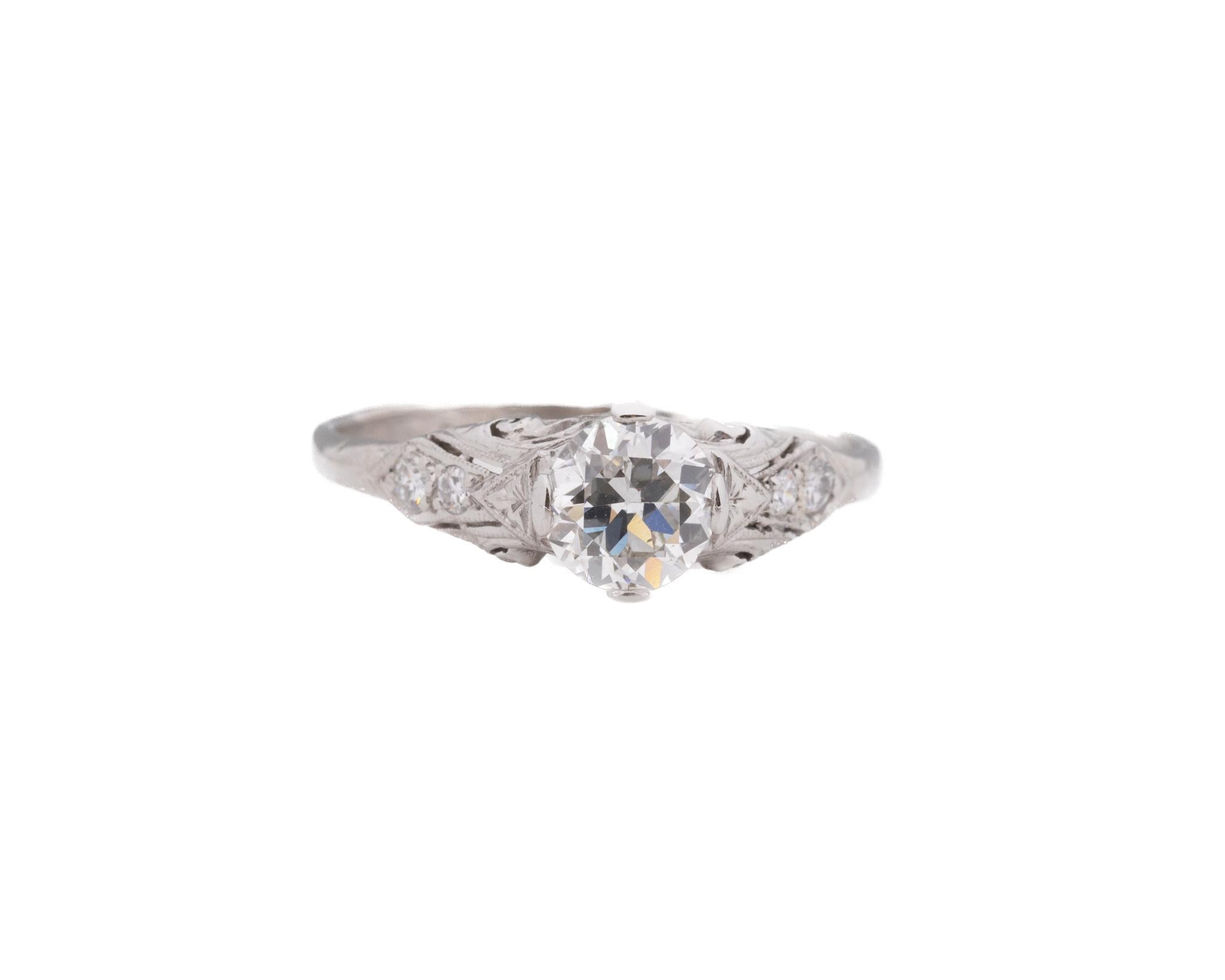 Year: 1920S
Item Details:
Ring Size: 9 (Sizable)
Metal Type: Platinum [Hallmarked, and Tested]
Weight: 3.7 grams
Center Diamond Details:
GIA Report#:7235080754
Weight: .94ct total weight
Cut: Old European brilliant
Color: I
Clarity: SI2
Type: