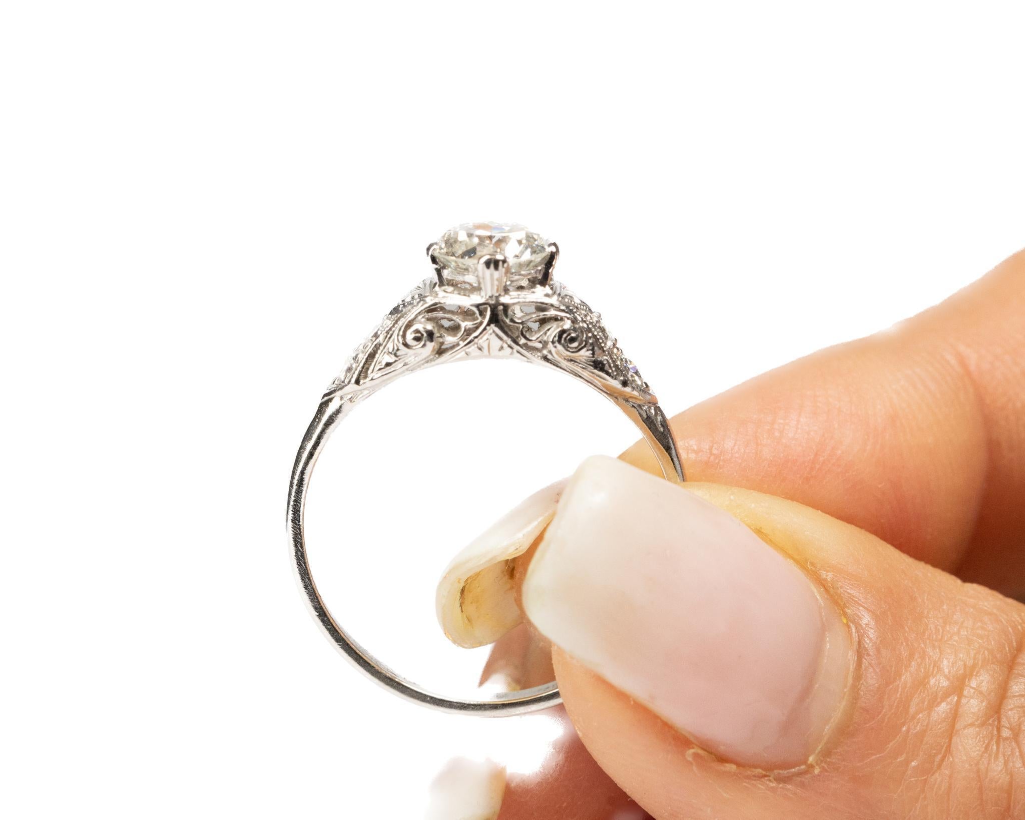 Circa 1920s Platinum .94ct Old European Brilliant Engagement Ring In Good Condition In Atlanta, GA