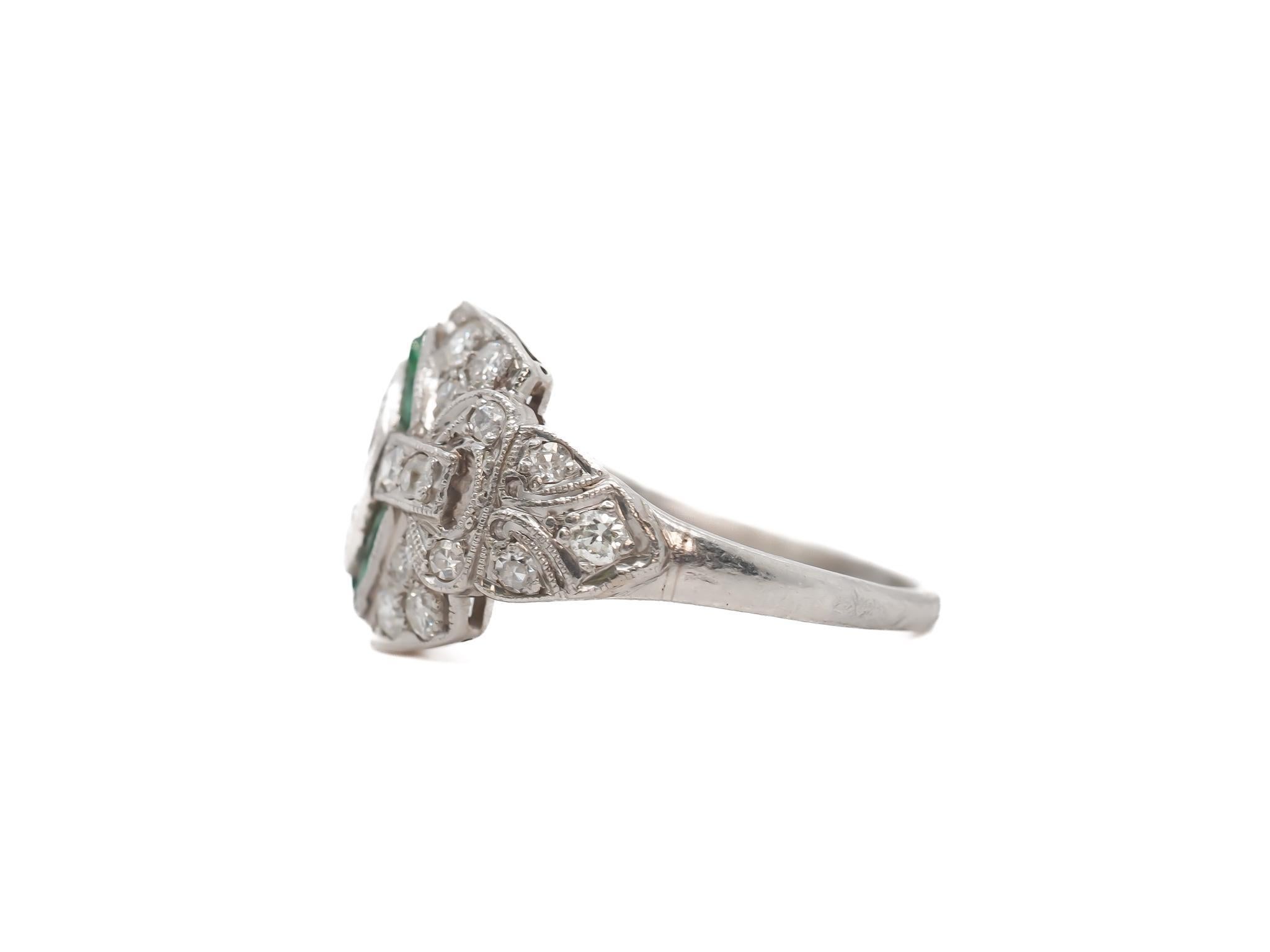 Marquise Cut Circa 1920s Platinum Antique Marquise Diamond and Emerald Engagement Ring - VEG# For Sale