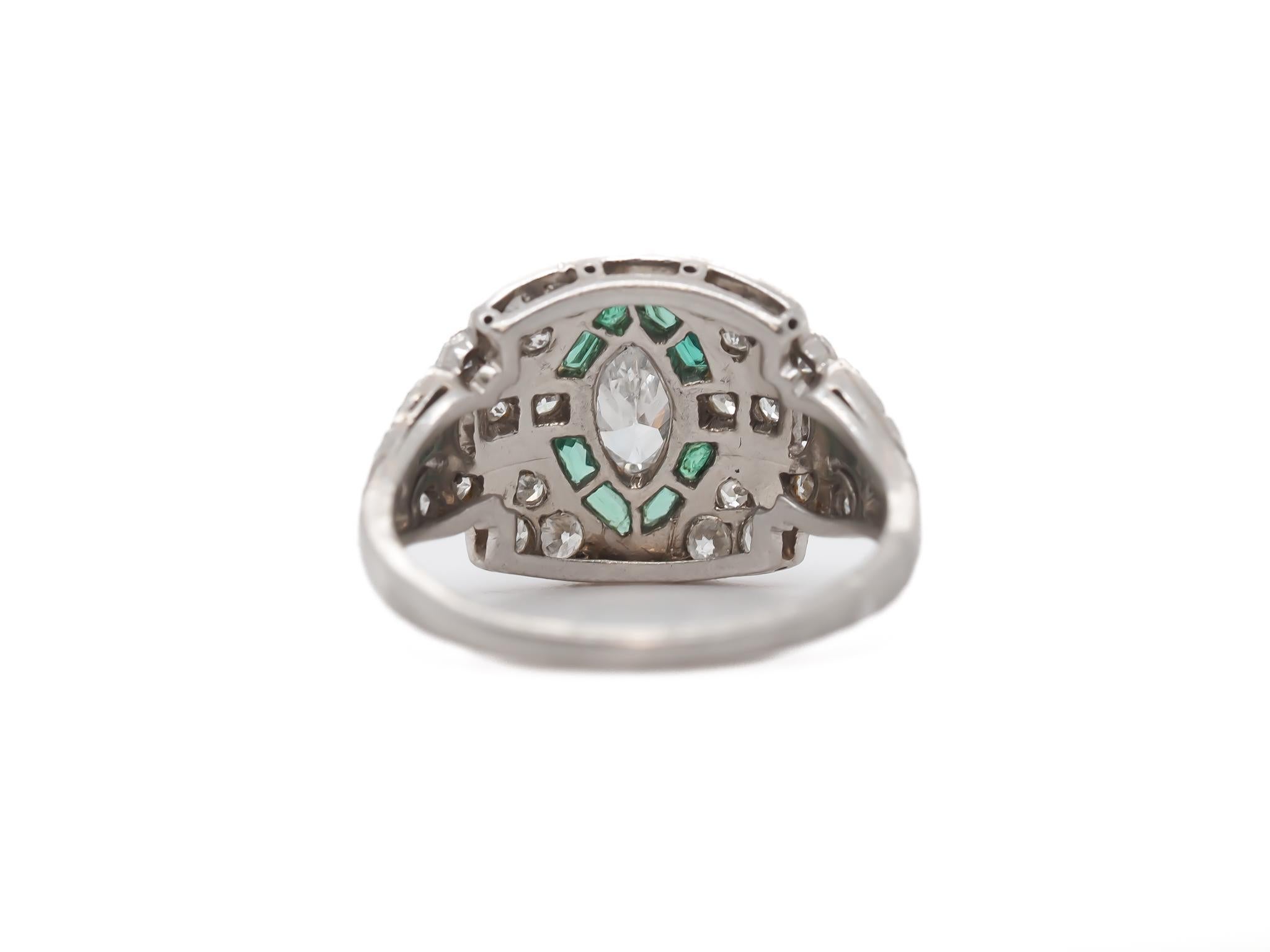 Circa 1920s Platinum Antique Marquise Diamond and Emerald Engagement Ring - VEG# In Good Condition For Sale In Hicksville, NY