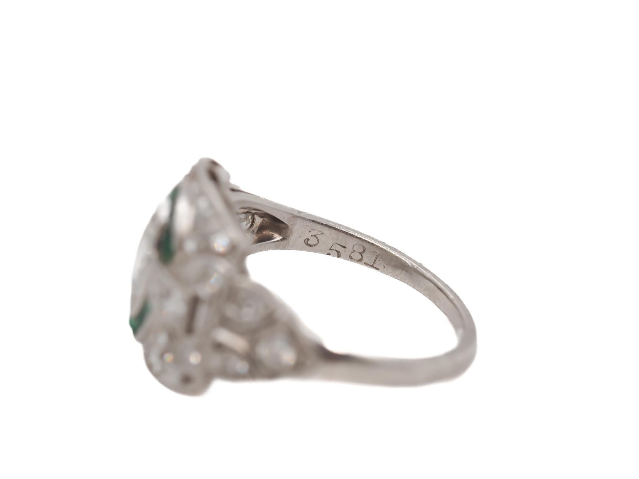Women's Circa 1920s Platinum Antique Marquise Diamond and Emerald Engagement Ring - VEG# For Sale