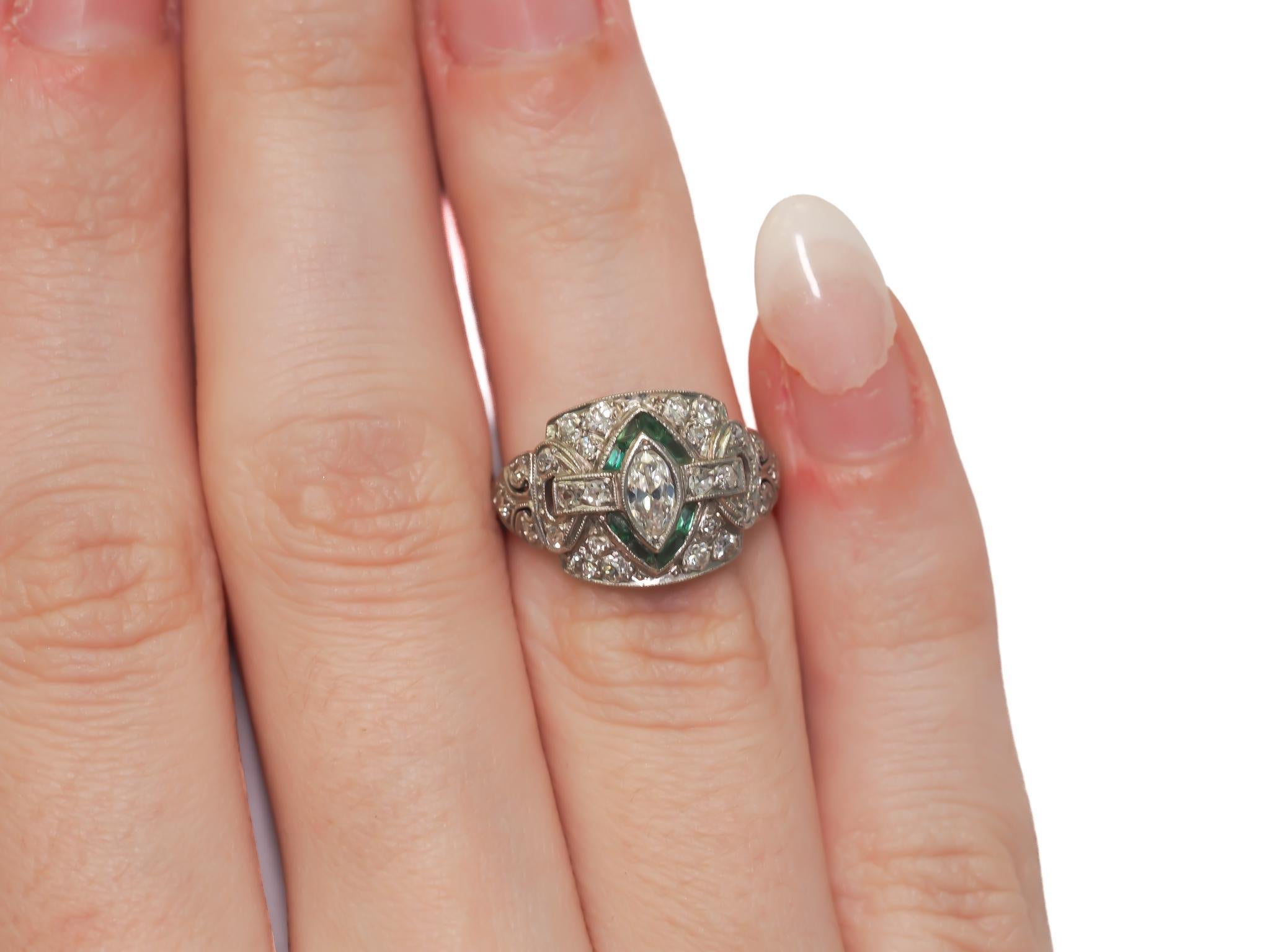 Circa 1920s Platinum Antique Marquise Diamond and Emerald Engagement Ring - VEG# For Sale 1