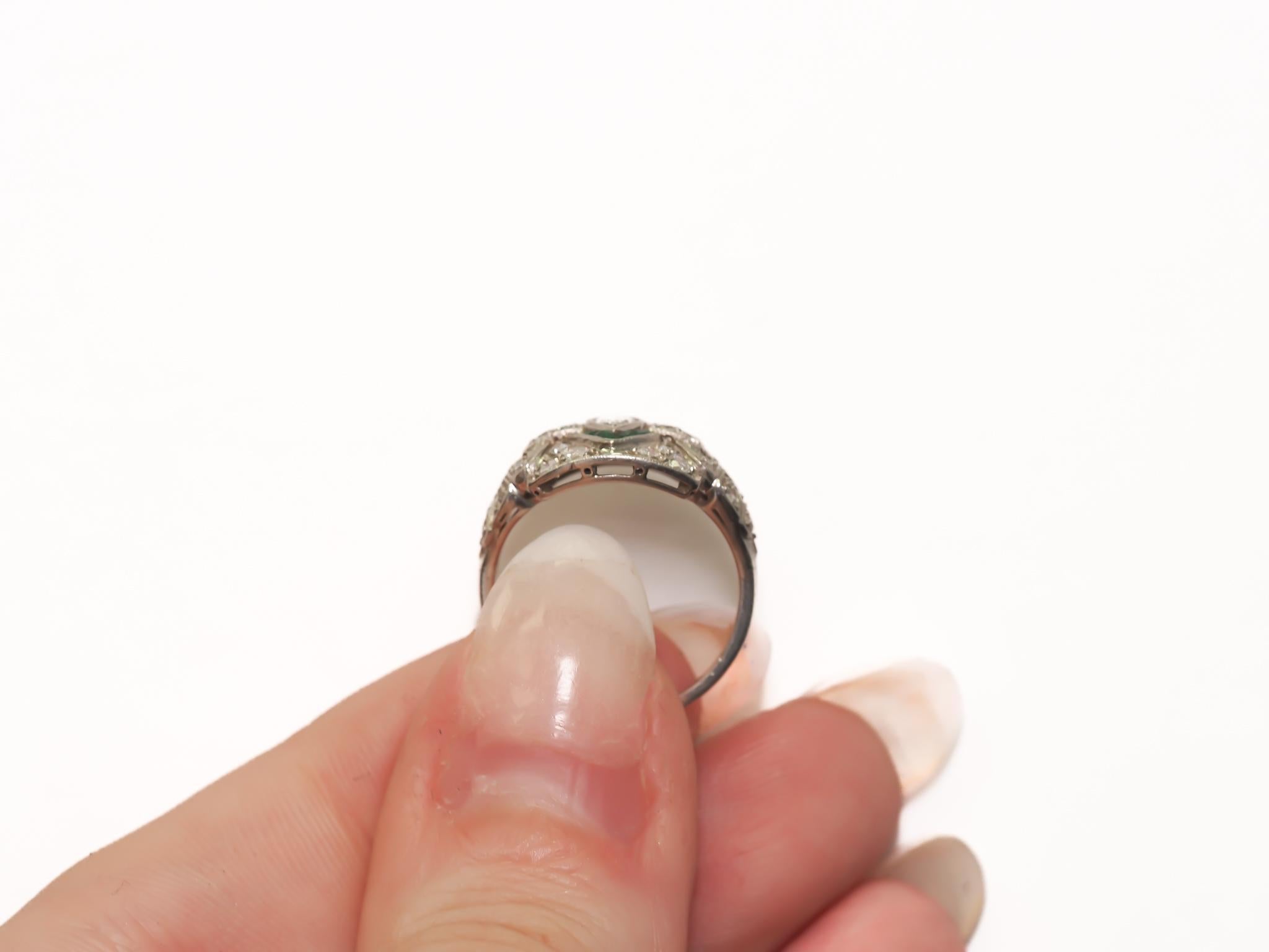 Circa 1920s Platinum Antique Marquise Diamond and Emerald Engagement Ring - VEG# For Sale 2