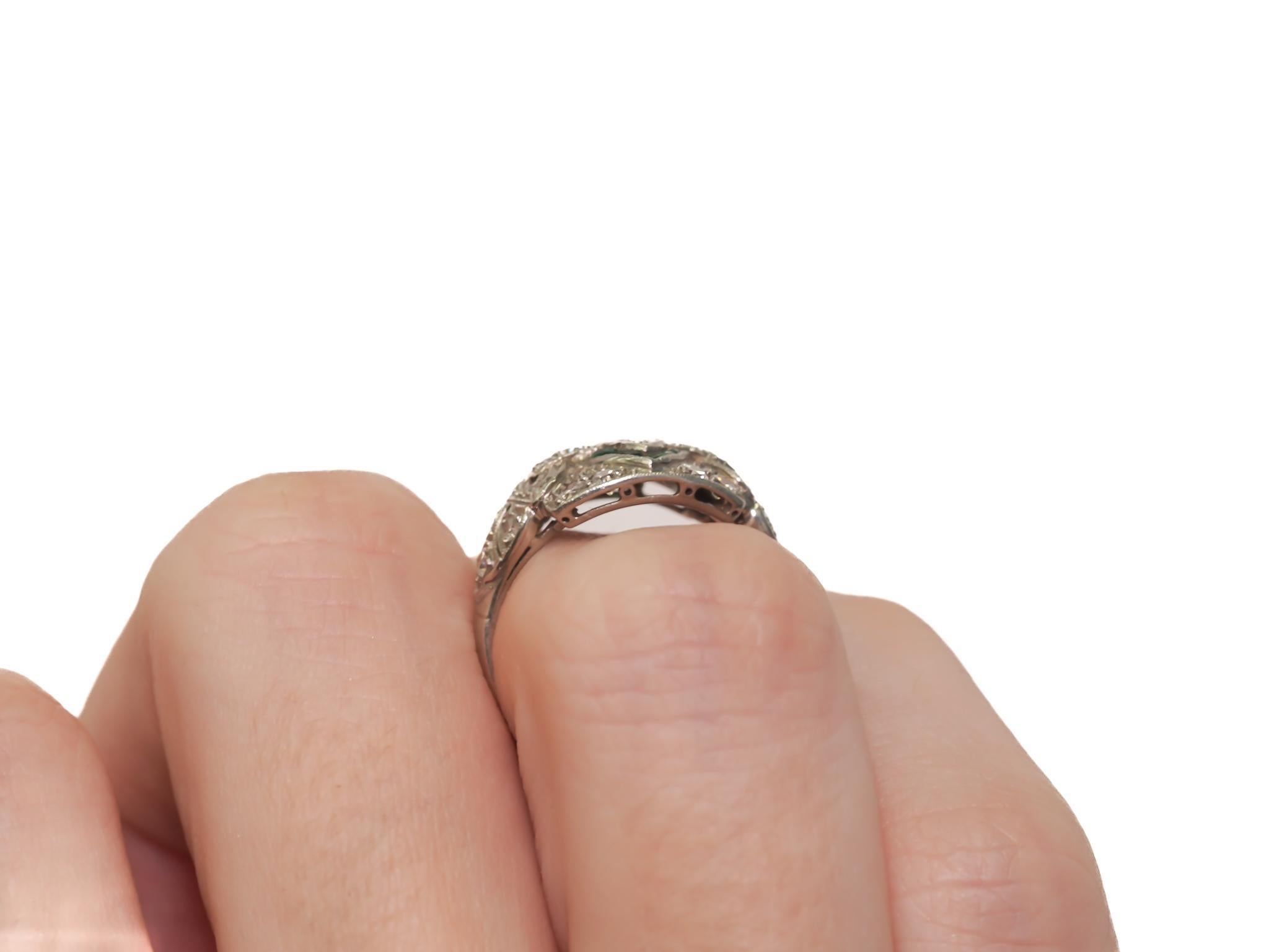 Circa 1920s Platinum Antique Marquise Diamond and Emerald Engagement Ring - VEG# For Sale 3