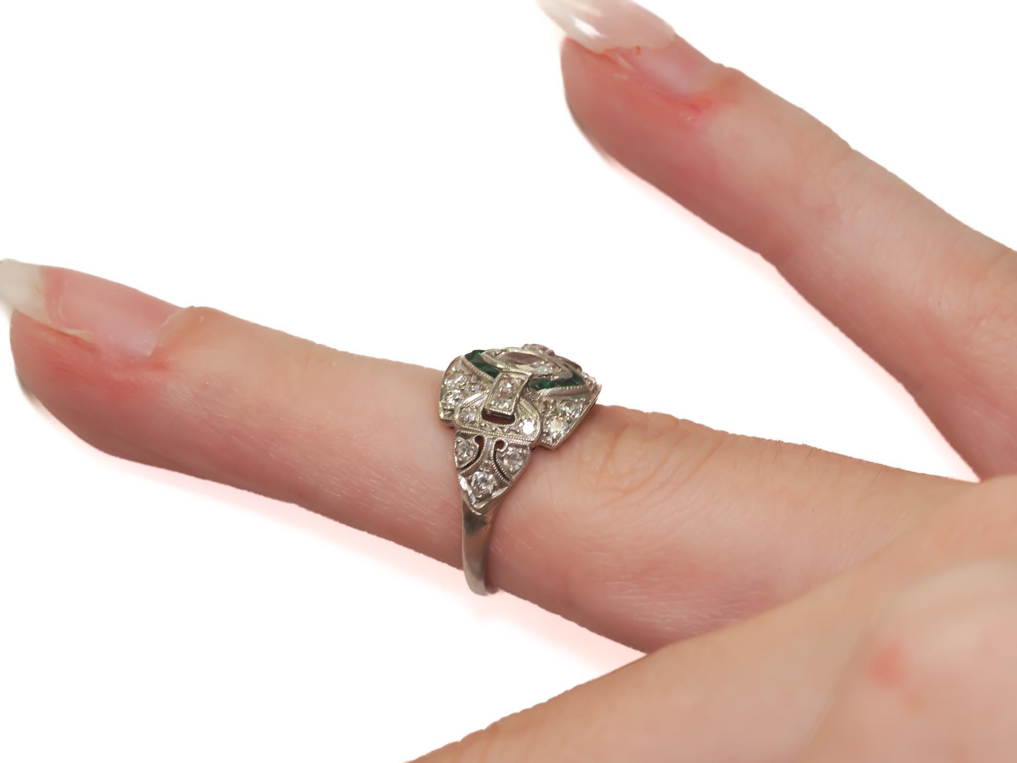 Circa 1920s Platinum Antique Marquise Diamond and Emerald Engagement Ring - VEG# For Sale 4