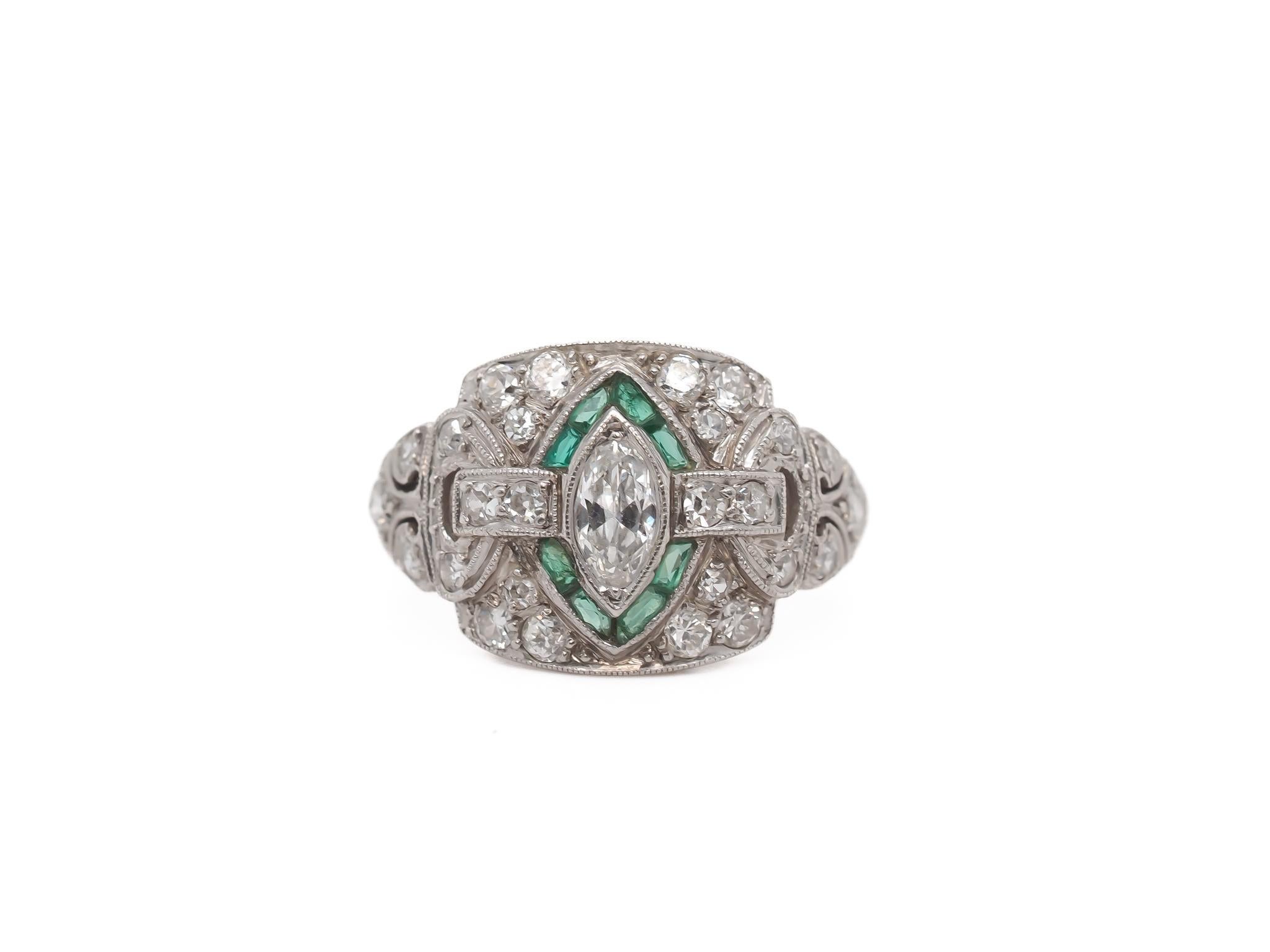 Circa 1920s Platinum Antique Marquise Diamond and Emerald Engagement Ring - VEG#