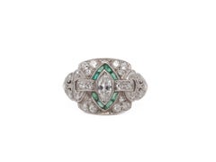 Bague de fiançailles marquise et émeraude ancienne en platine des années 1920 - VEG#