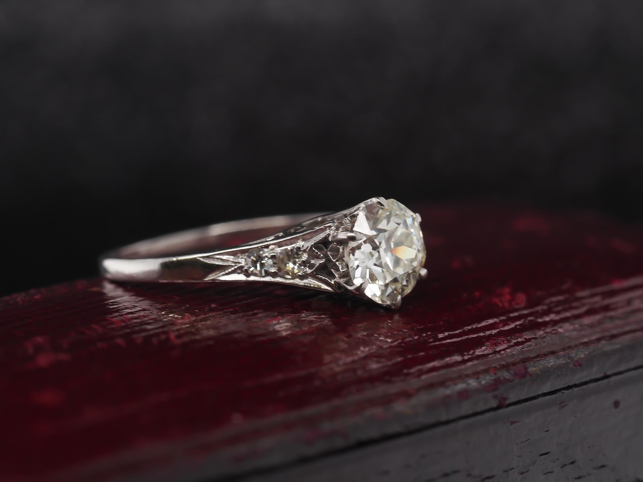 Circa 1920s Platinum Art Deco 1.06ct Old European Engagement Ring In Good Condition For Sale In Hicksville, NY