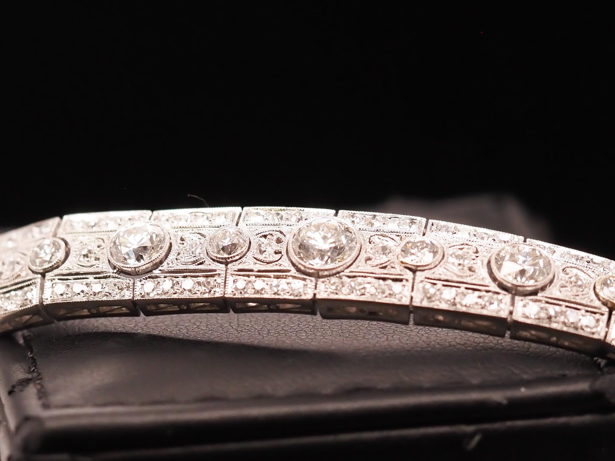 Year: 1920s

Item Details:
Metal Type: Platinum [Hallmarked, and Tested]
Weight: 33.2 grams (All Items Total)

Stone Details:
Type: Diamond (natural)
Weight: 10.00ct total weight
Cut: Old European Brilliant
Color: F-G
Clarity: VS

Bracelet Length