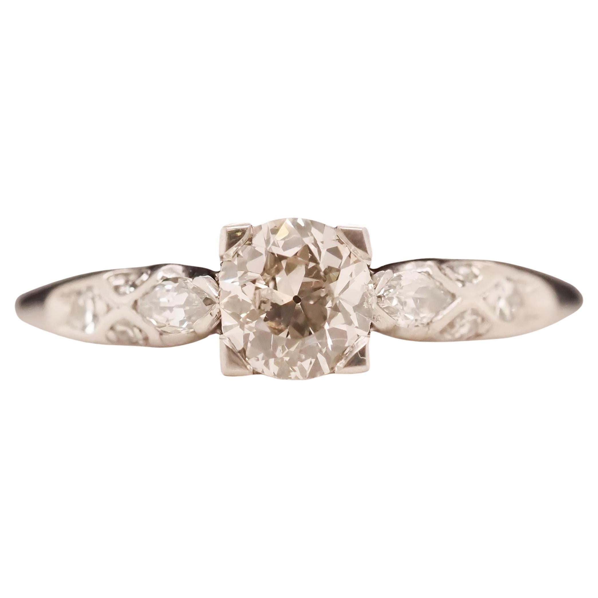 Circa 1920s Platinum Art Deco .60ct Old European Engagement Ring For Sale