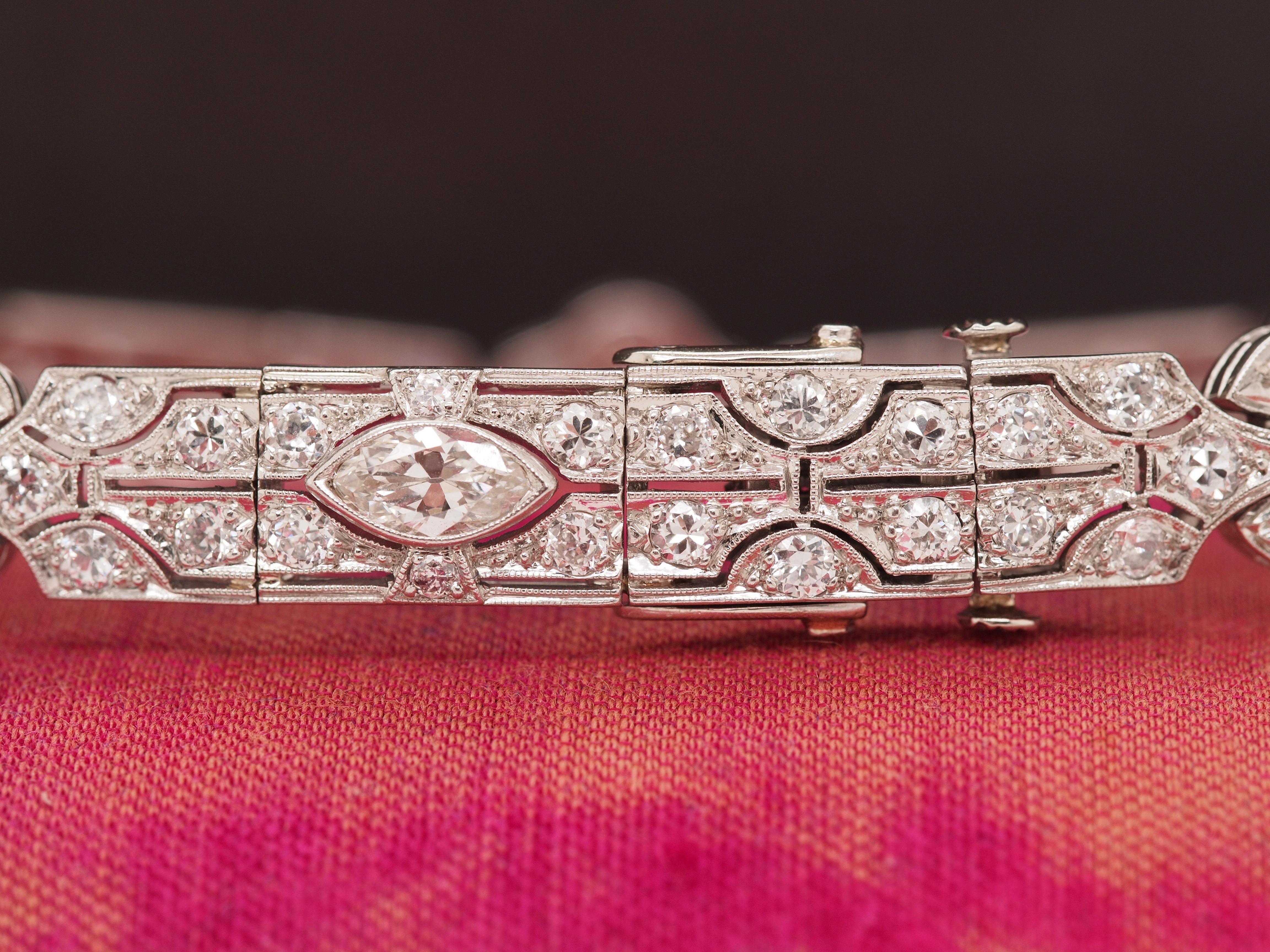 Old European Cut Circa 1920s Platinum Art Deco Antique Marquise and Old European Diamond Bracelet For Sale