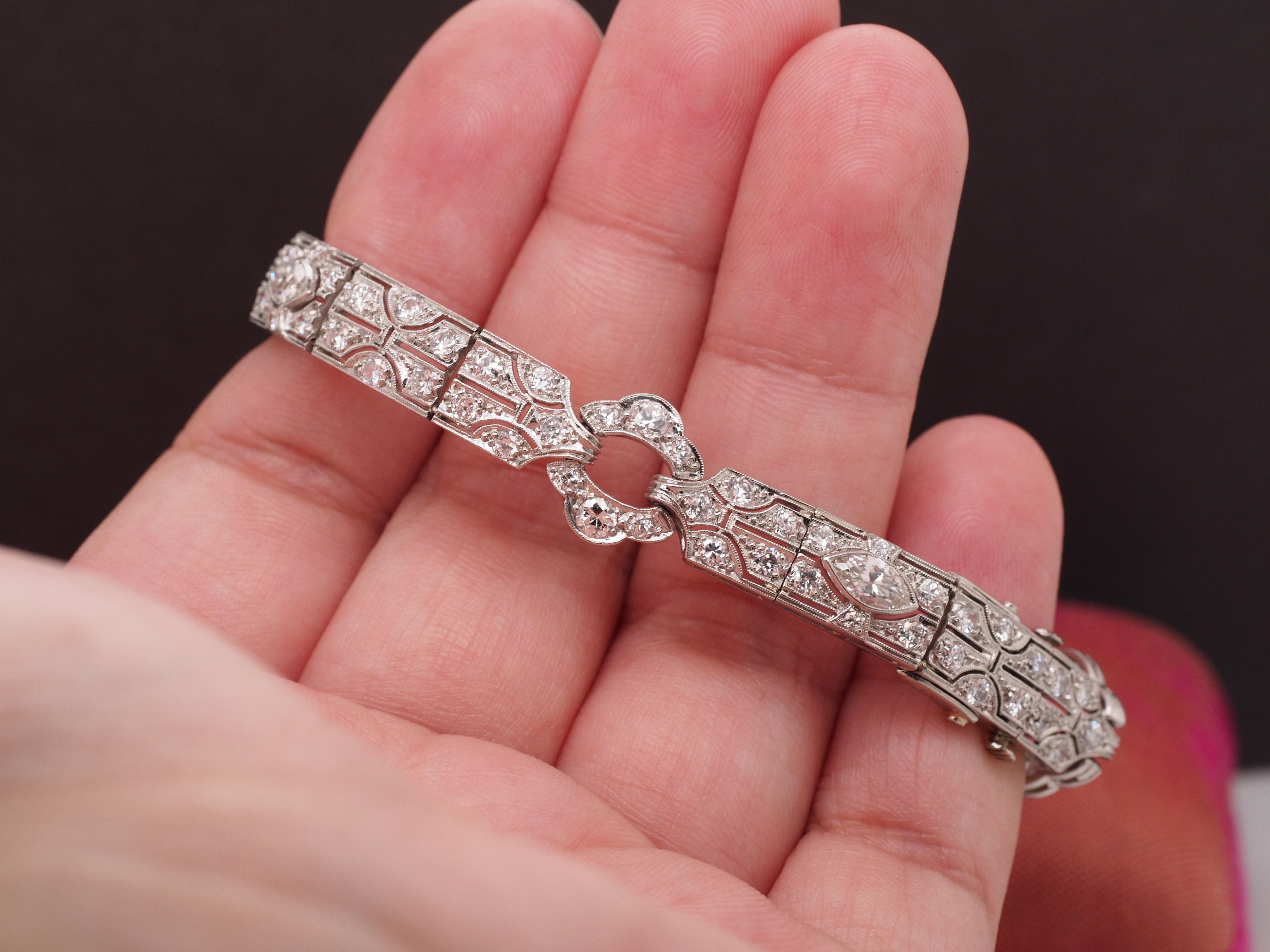 Women's Circa 1920s Platinum Art Deco Antique Marquise and Old European Diamond Bracelet For Sale