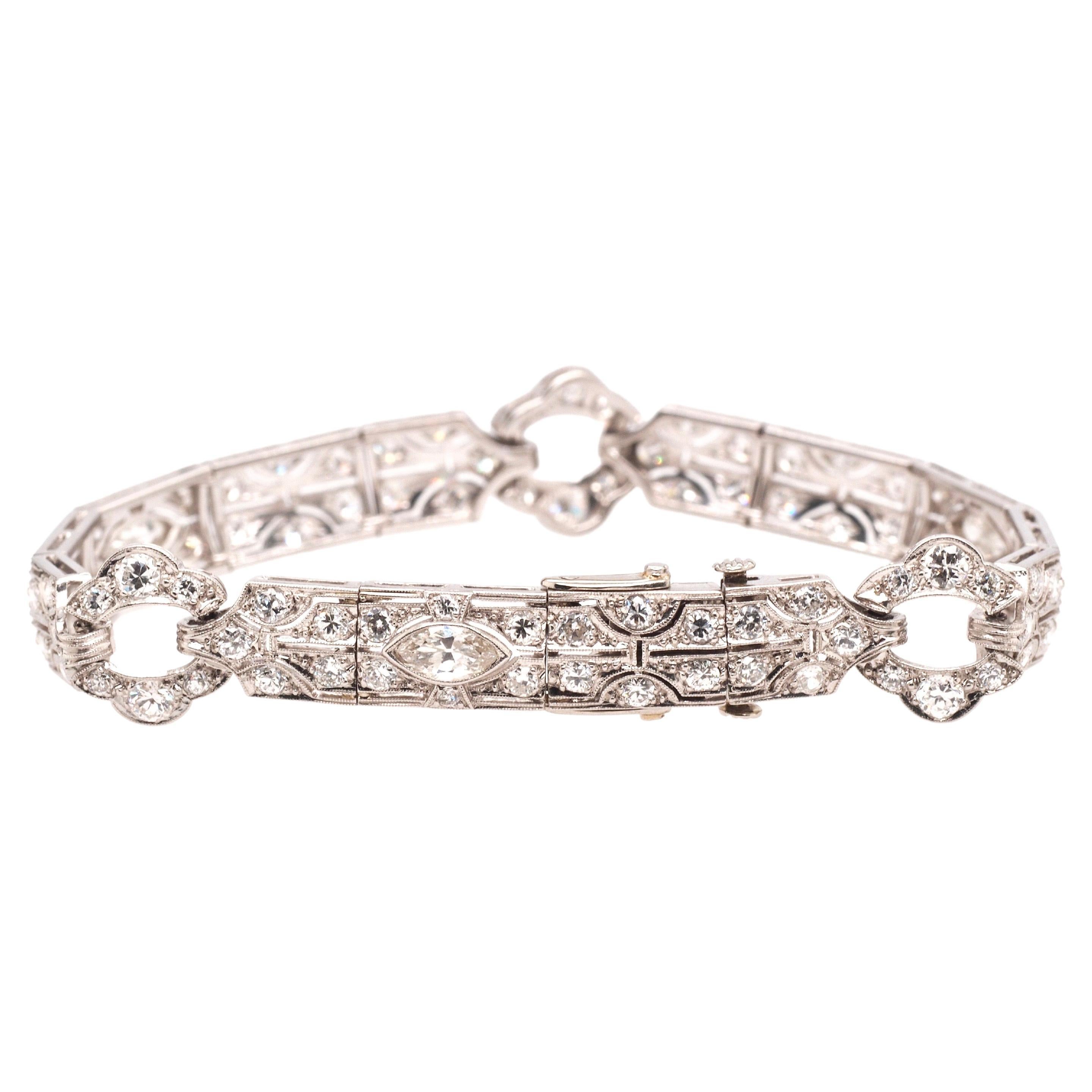 Circa 1920s Platinum Art Deco Antique Marquise and Old European Diamond Bracelet For Sale