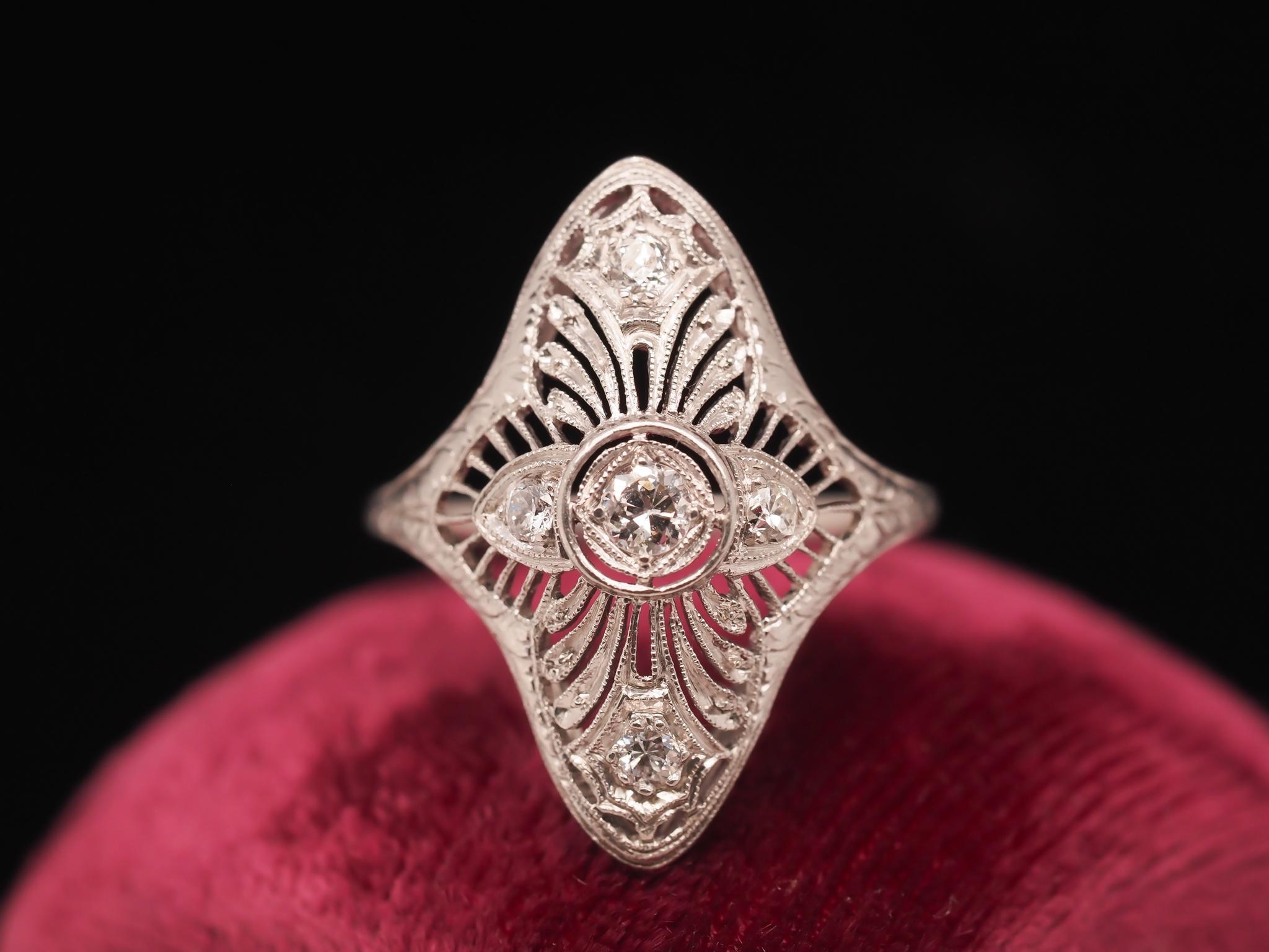 Old European Cut Circa 1920s Platinum Art Deco Filigree Old European Diamond Shield Ring For Sale