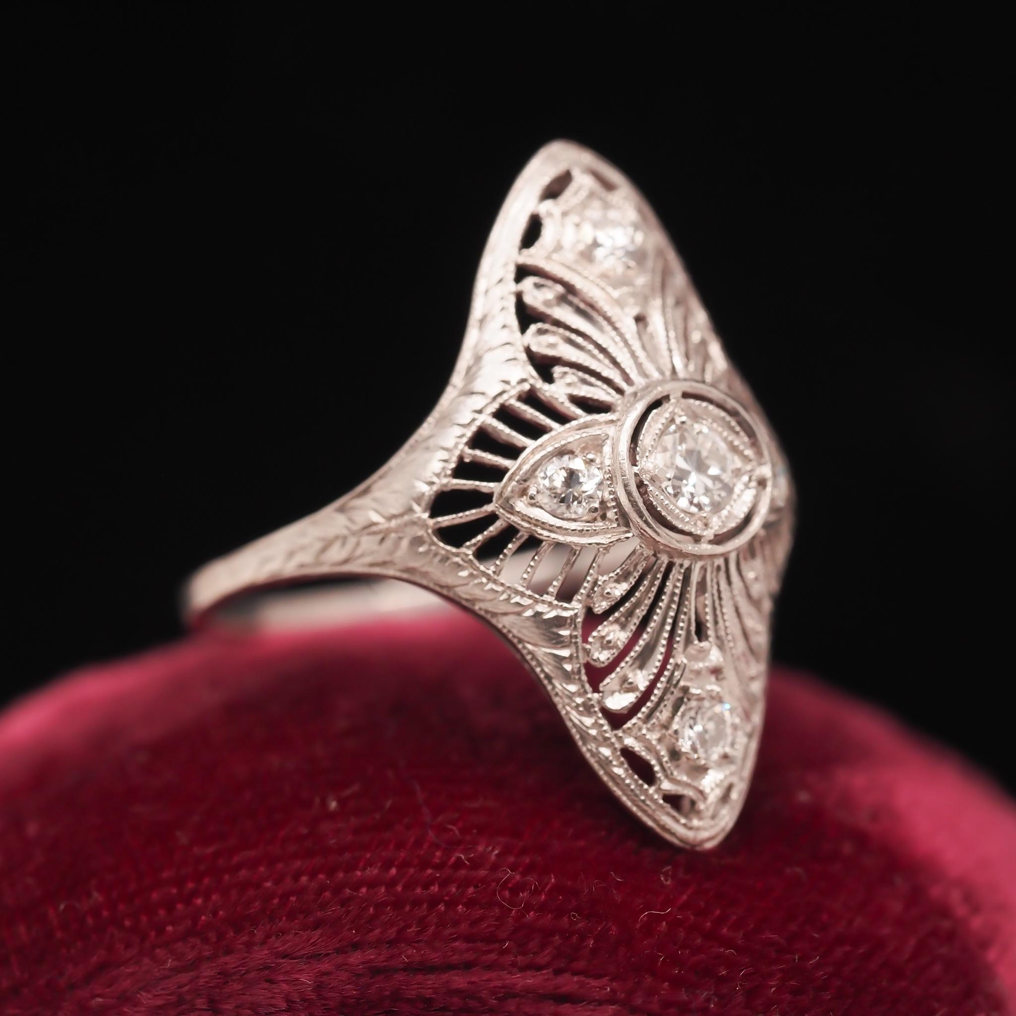 Women's Circa 1920s Platinum Art Deco Filigree Old European Diamond Shield Ring For Sale