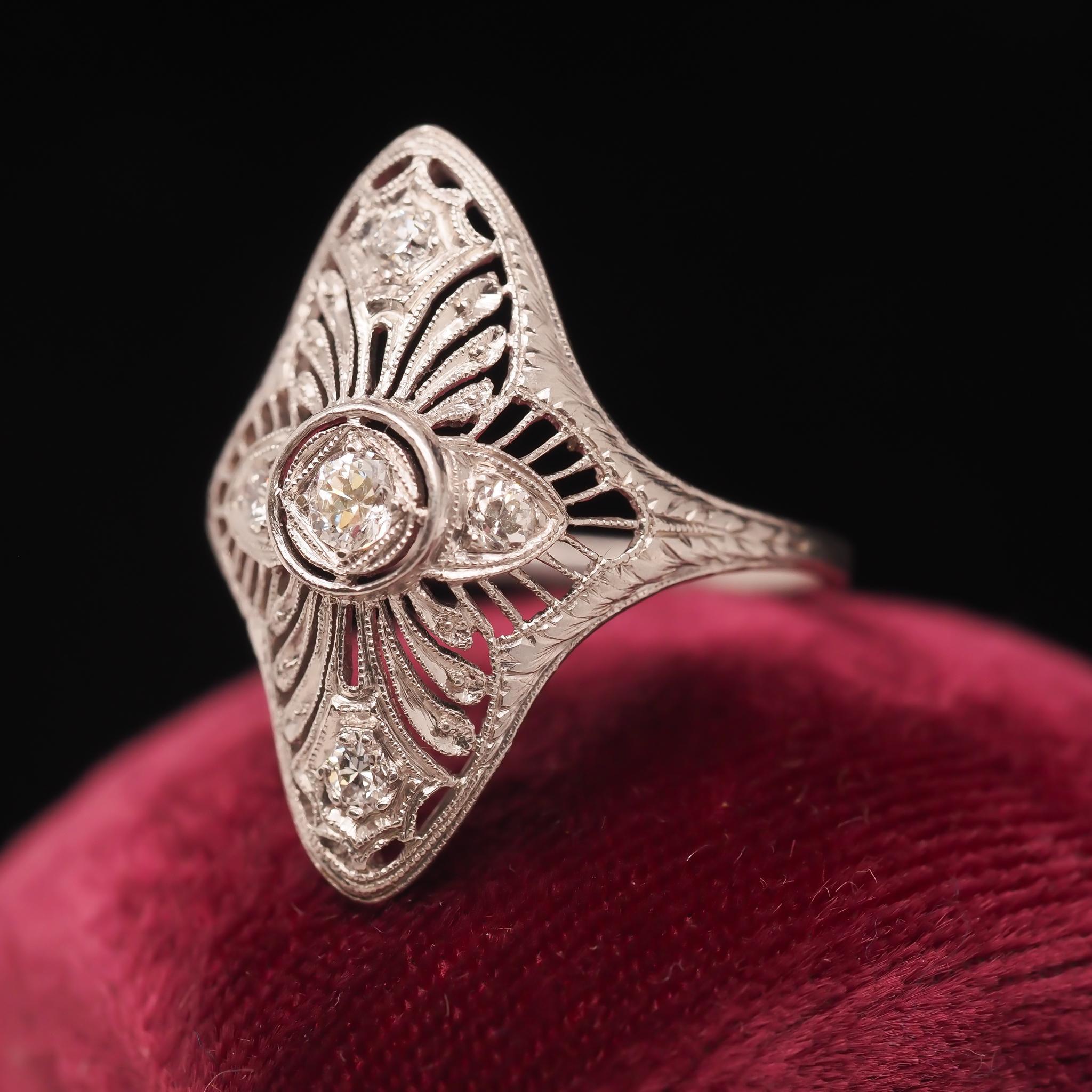 Circa 1920s Platinum Art Deco Filigree Old European Diamond Shield Ring For Sale 2