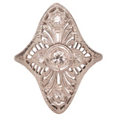 Antique Circa 1920s Platinum Art Deco Filigree Old European Diamond Shield Ring