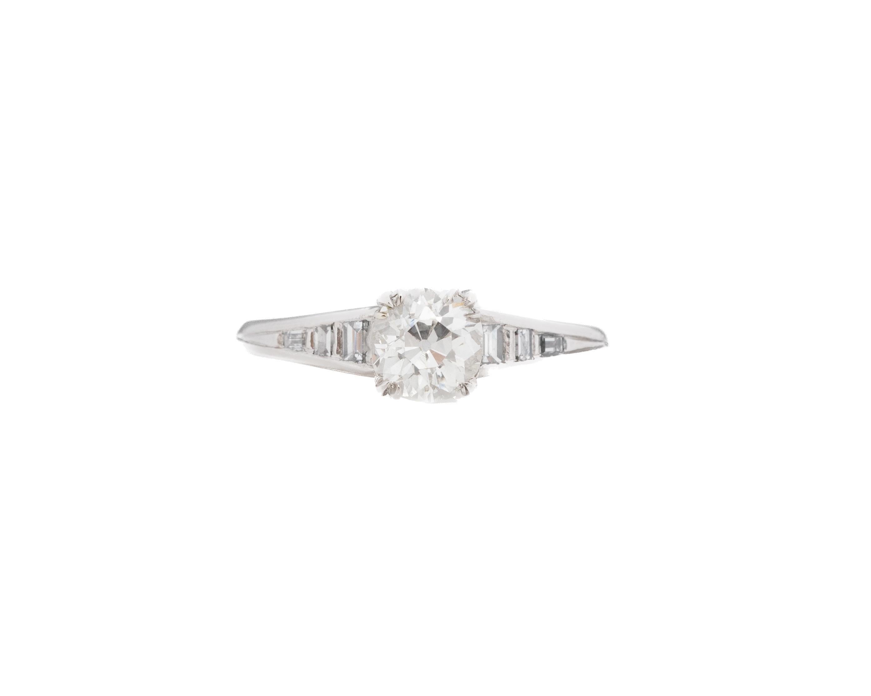 Year: 1920s
Item Details:
Ring Size: 7.25
Metal Type: Platinum [Hallmarked, and Tested]
Weight: 4.3 grams
Center Diamond Details:
GIA Report#: 2231203418
Weight: 1.02ct total weight
Cut: Old European brilliant
Color: K
Clarity: SI2
Type: