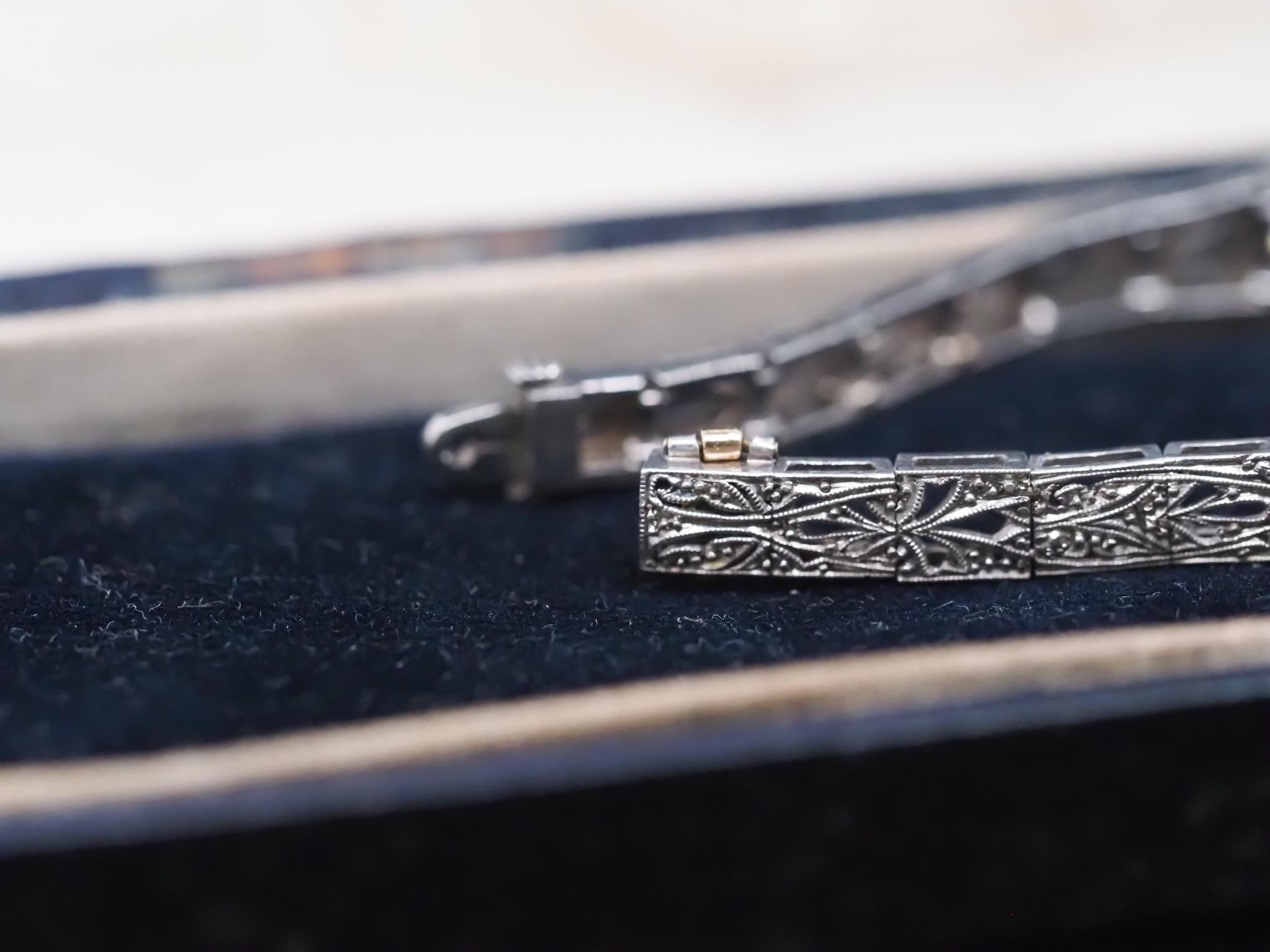 Circa 1920s Platinum Art Deco Old European Diamond and Emerald Bracelet For Sale 1