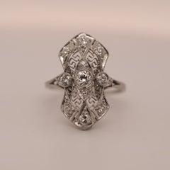 Circa 1920s Platinum Art Deco Old European Diamond Shield Ring