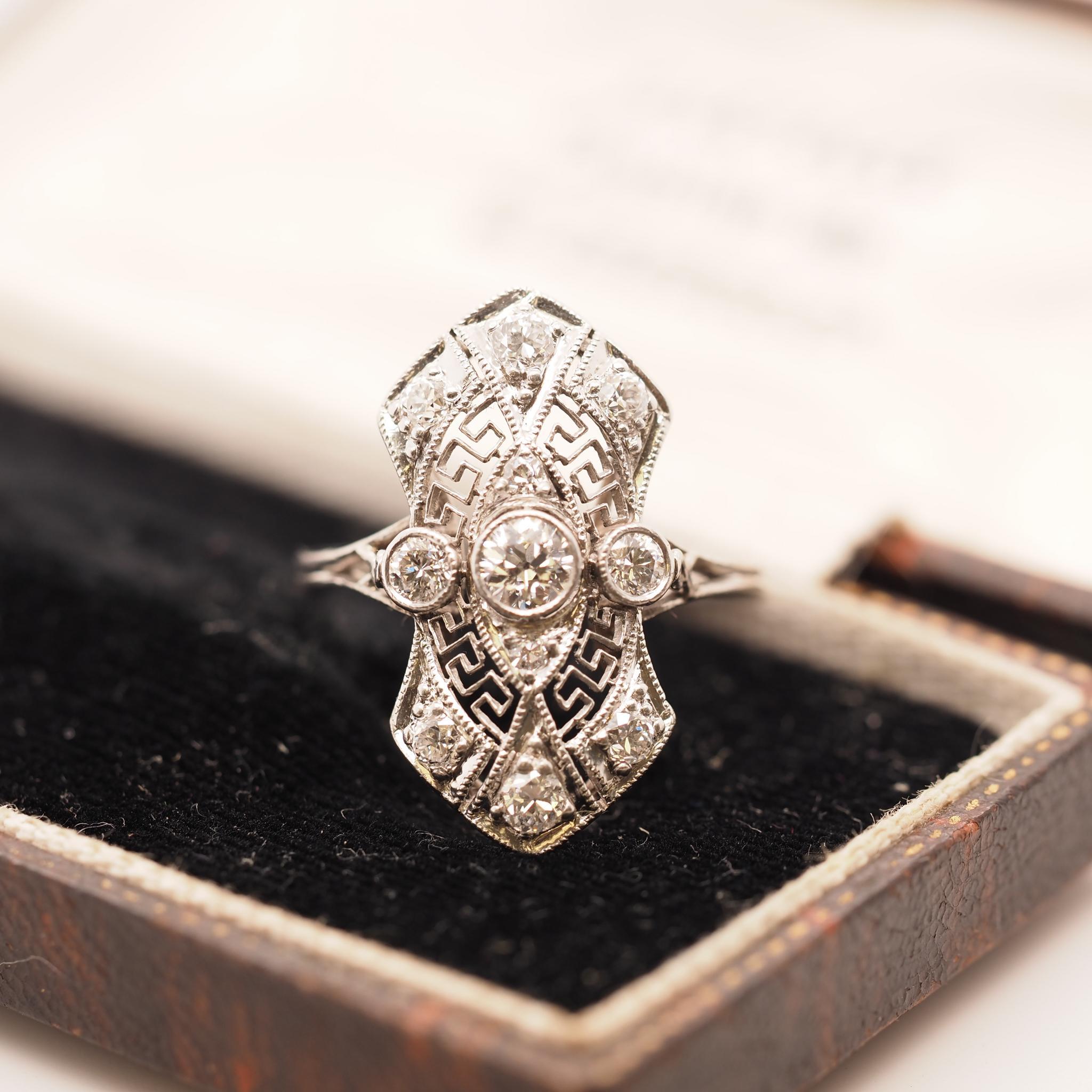 Old European Cut Circa 1920s Platinum Art Deco Old European Diamond Shield Ring For Sale