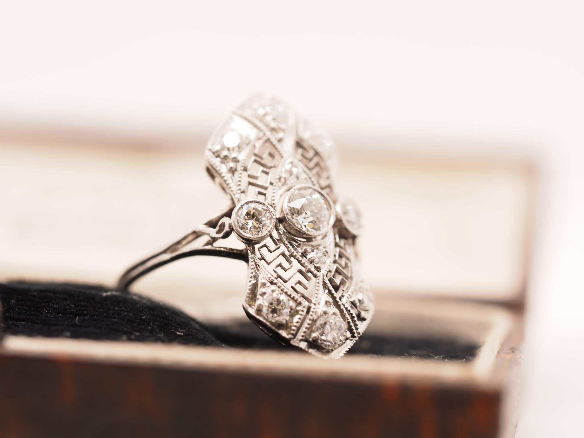 Circa 1920s Platinum Art Deco Old European Diamond Shield Ring In Good Condition For Sale In Hicksville, NY