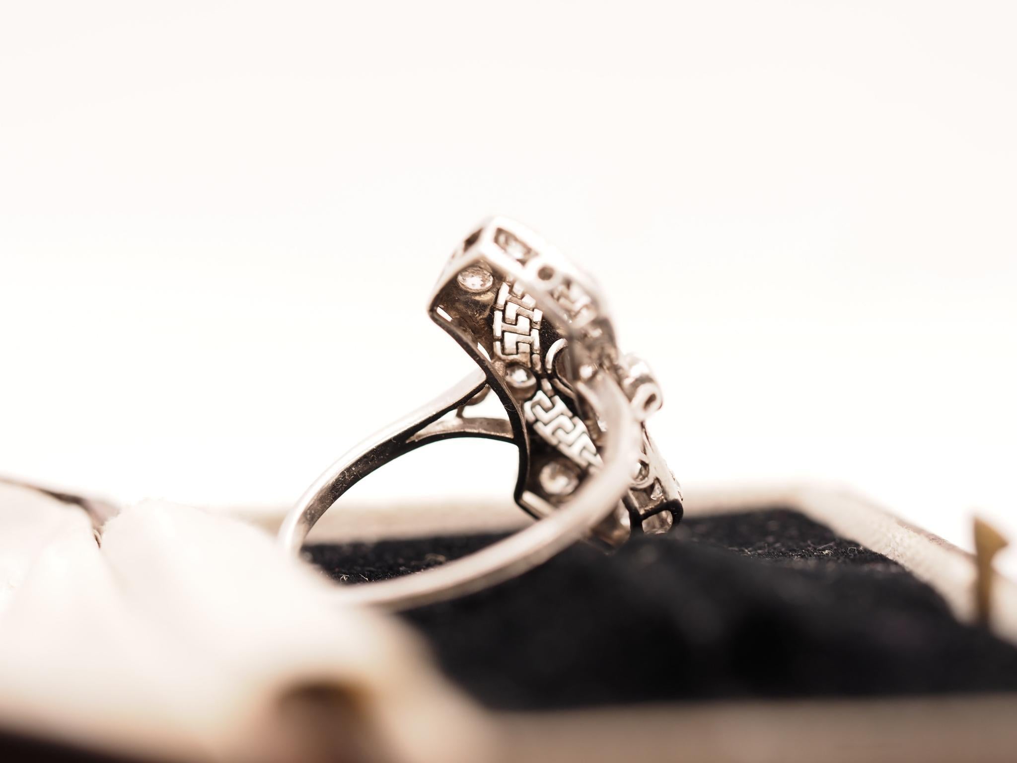 Women's Circa 1920s Platinum Art Deco Old European Diamond Shield Ring For Sale