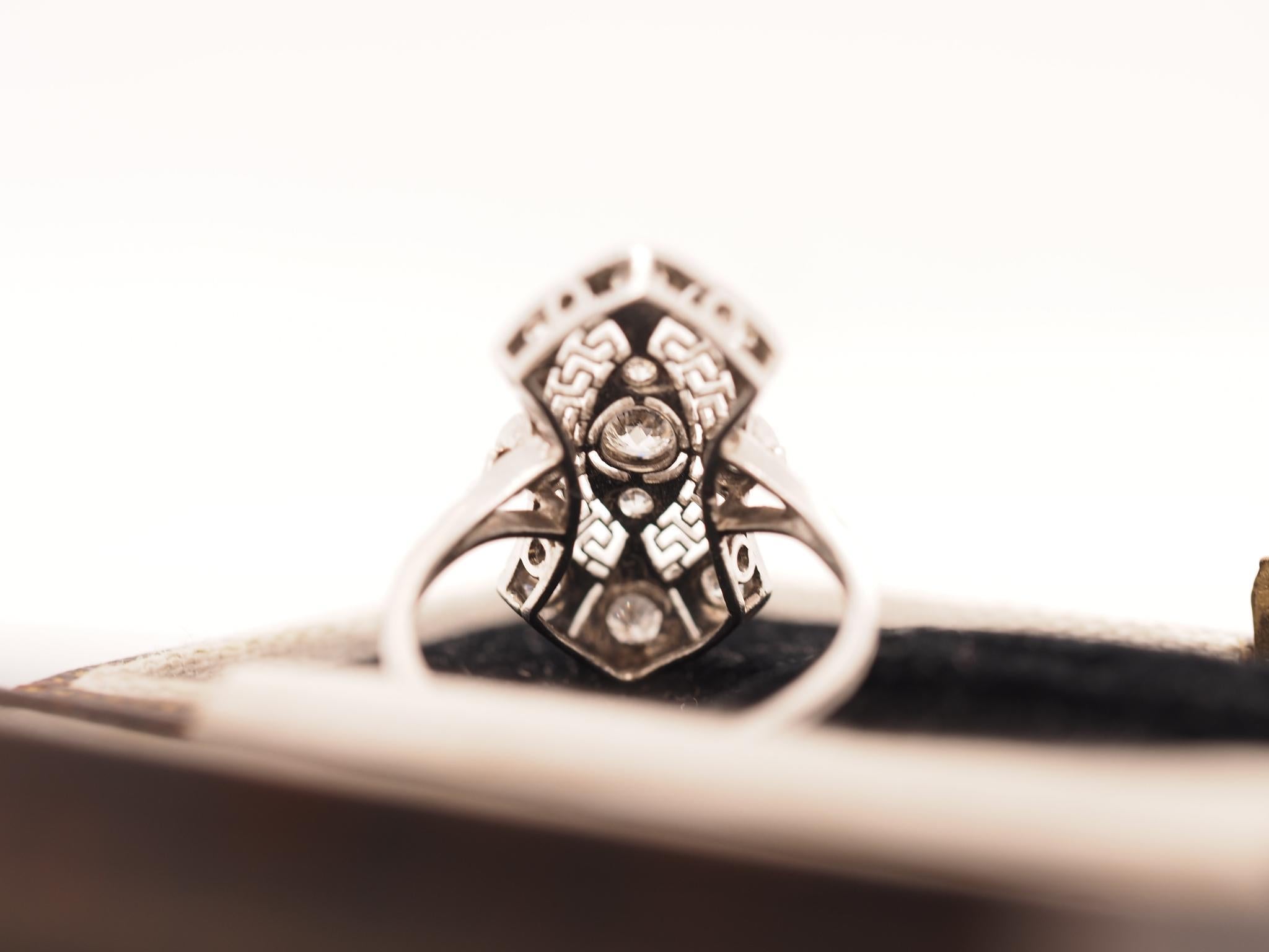 Circa 1920s Platinum Art Deco Old European Diamond Shield Ring For Sale 1