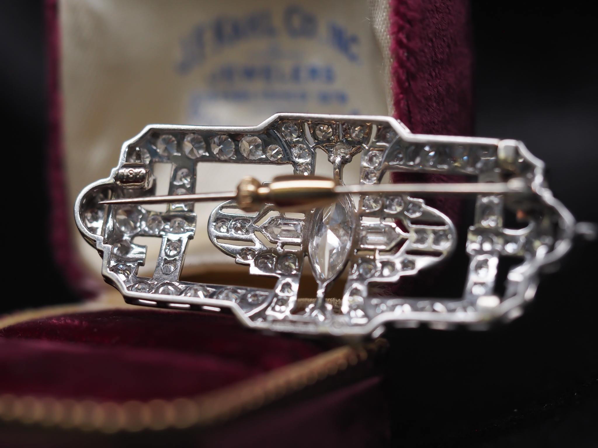 Marquise Cut Circa 1920s Platinum Art Deco Pendant and Brooch with Antique Marquise For Sale