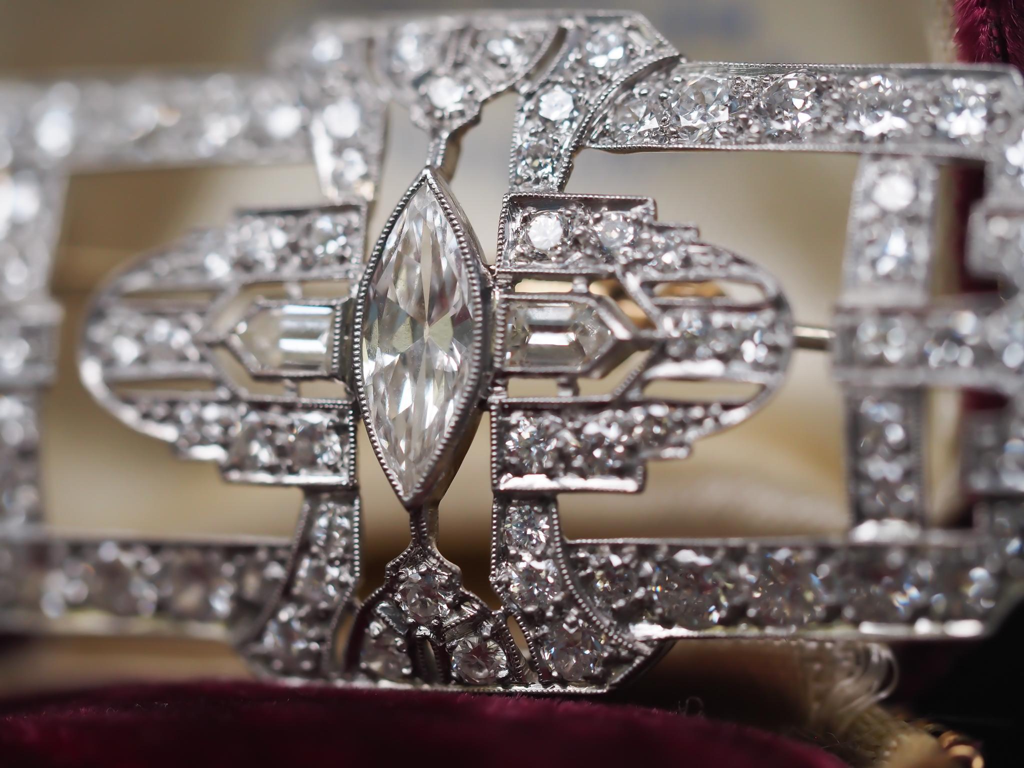 Women's Circa 1920s Platinum Art Deco Pendant and Brooch with Antique Marquise For Sale